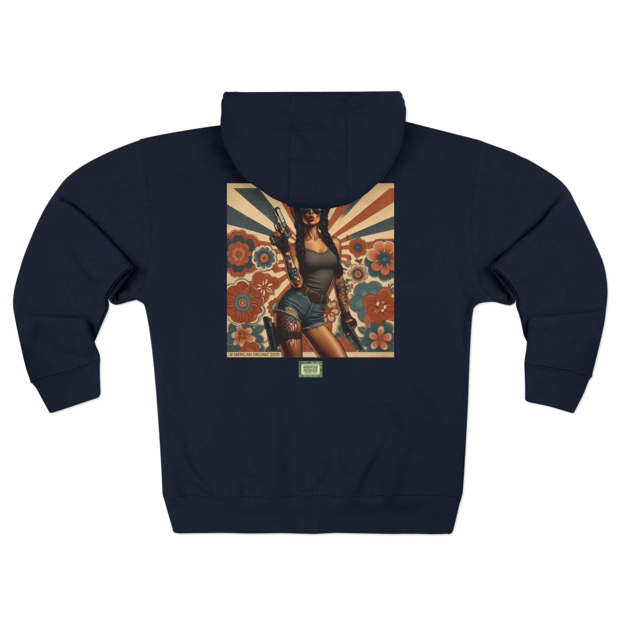 Americana Pinup Cowgirl with 9mm Zip Hoodie — Retro Vintage Patriotic Graphic