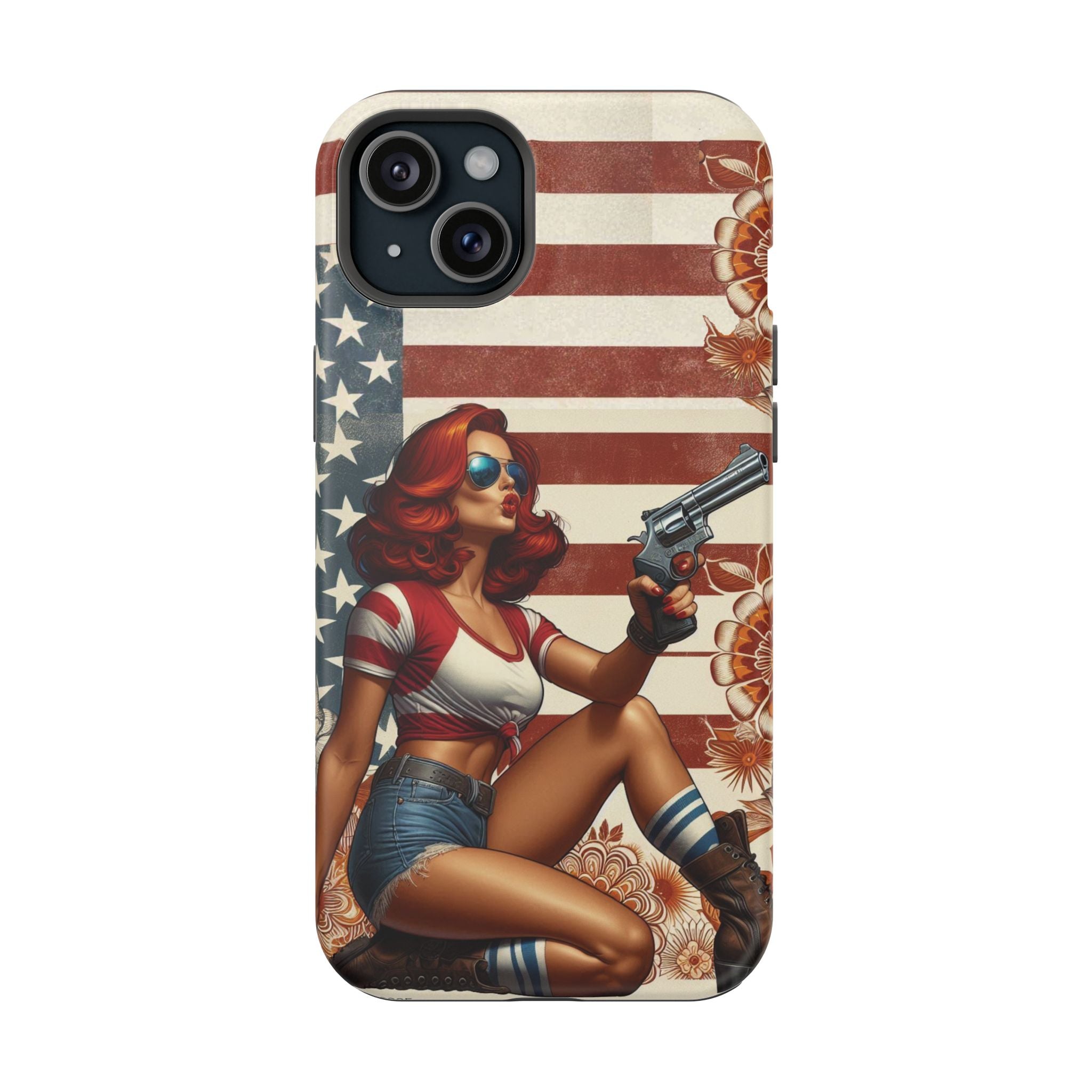 Americana .44 Magnum Pinup Girl - Magnetic Impact‑Resistant Phone Case  iPhone 13-17 / Samsung S26  MagSafe Compatible