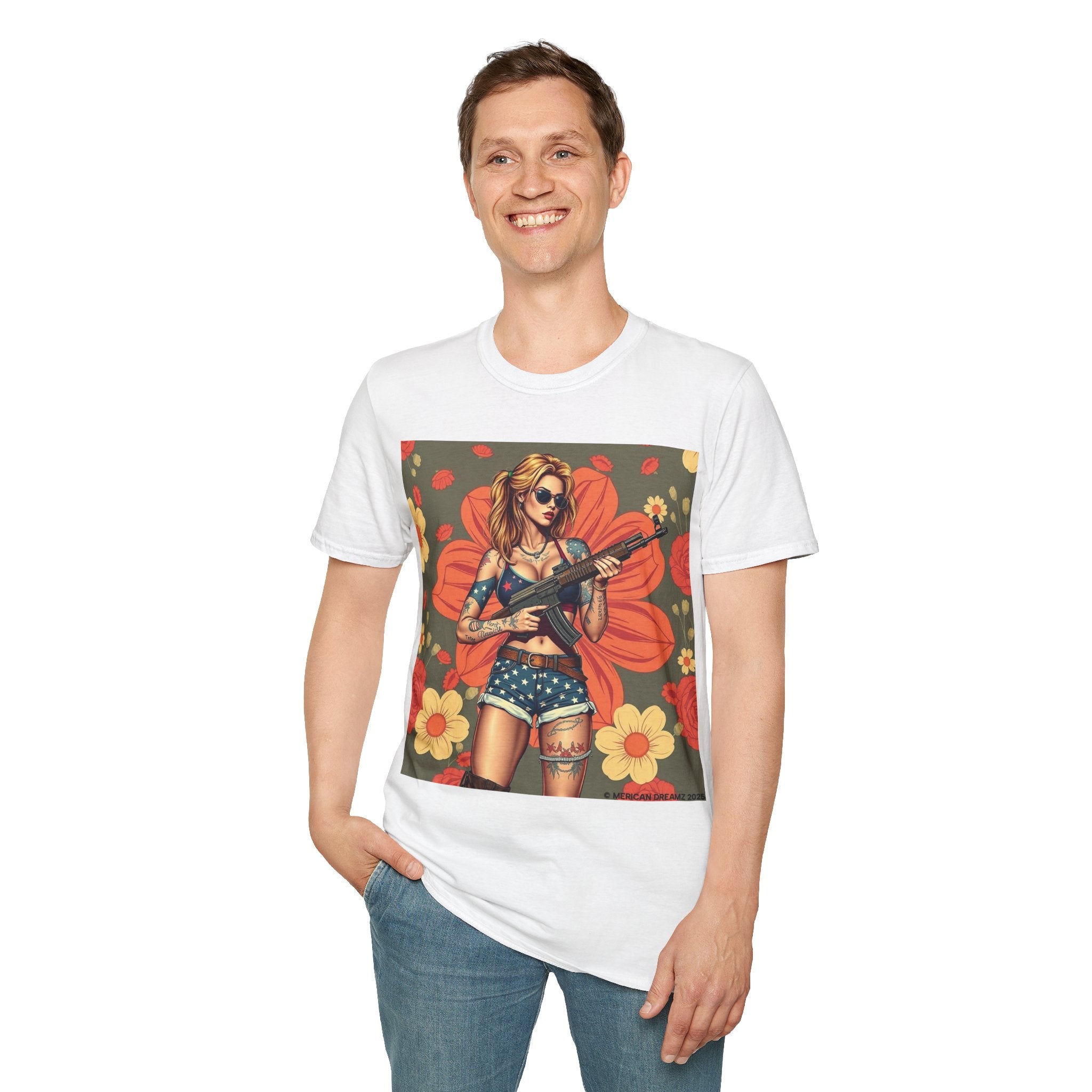 Graphic T-Shirt — Patriotic Pinup Girl with Rifle Vintage Flag Design (US Only)