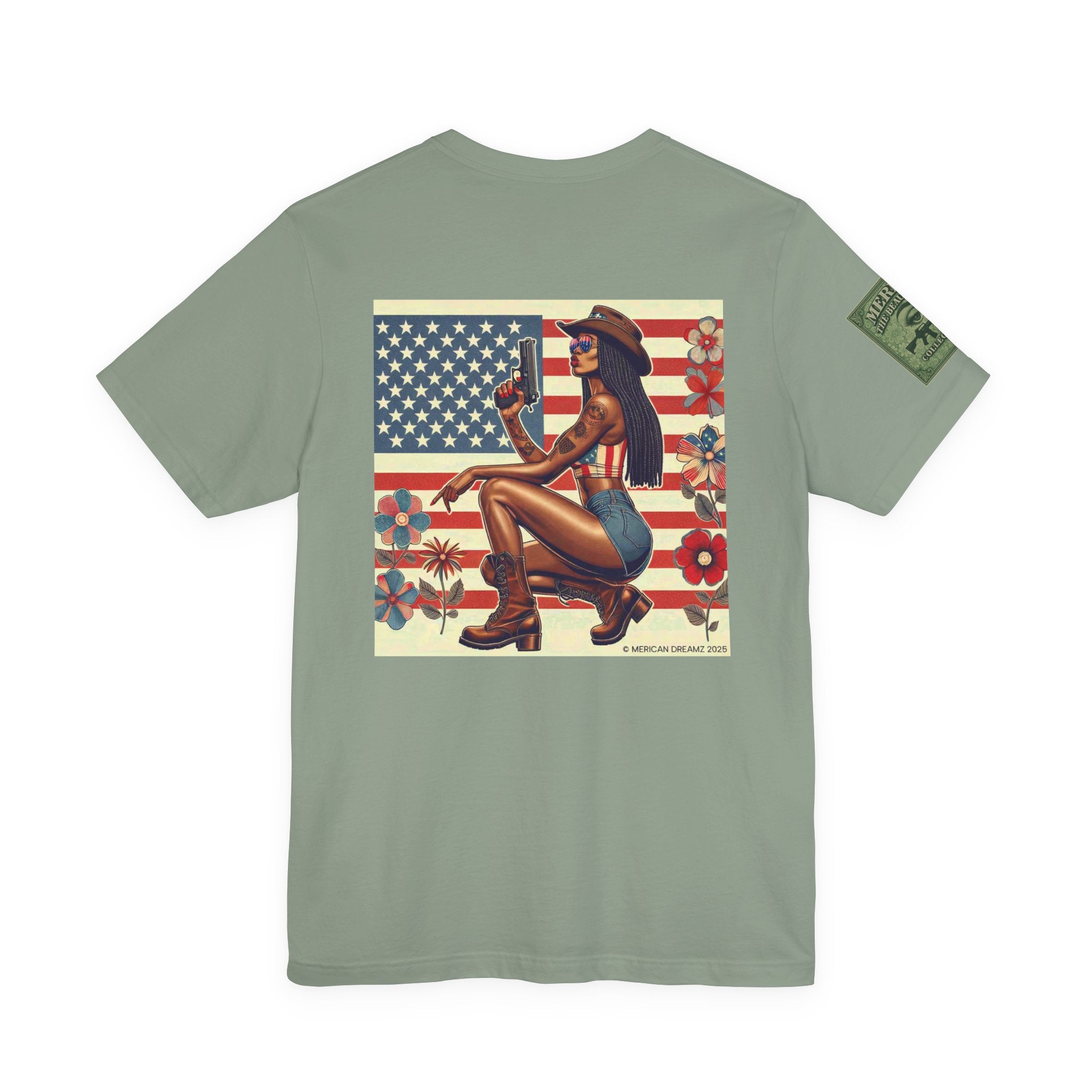 Graphic Short Sleeve Tee front and back — Retro Americana Pin-Up Cowgirls with 9mm Pistols