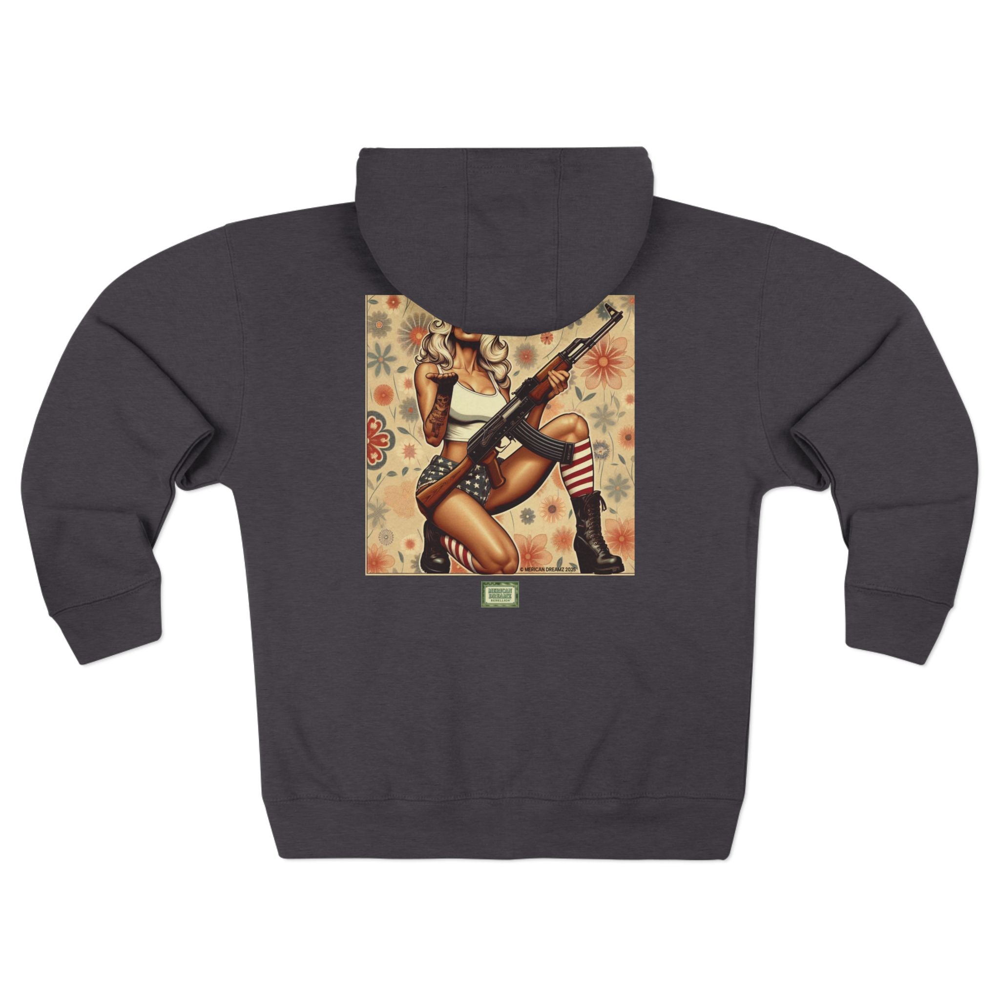 Americana Pinup girl with AK-47 Zip Hoodie — Retro Vintage Patriotic Graphic