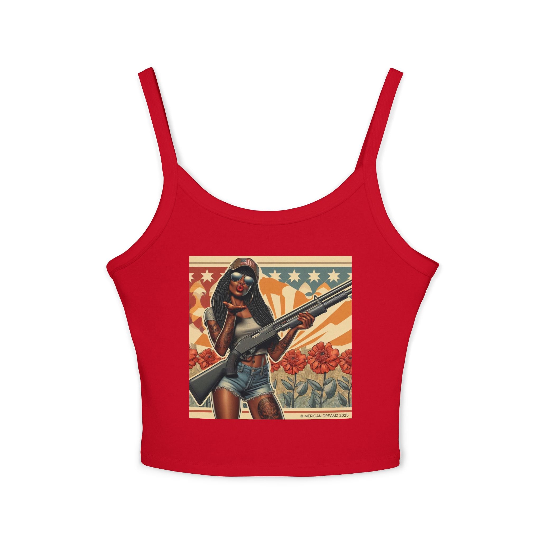 Retro Pinup Girl Tank Top — Vintage Flag & Floral Spaghetti Strap