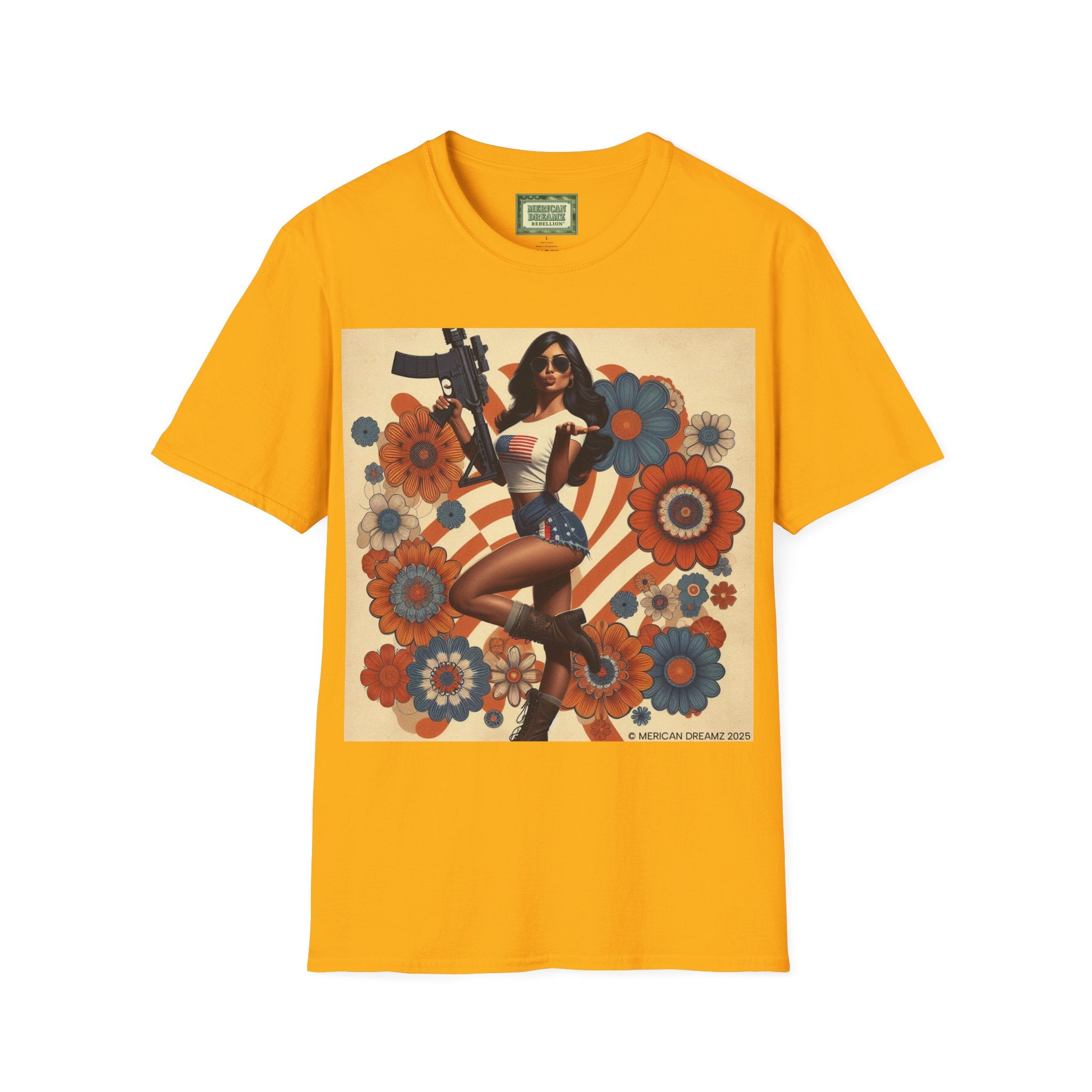 Graphic T-Shirt — Patriotic Pinup Girl with Rifle Vintage Flag Design (US Only)