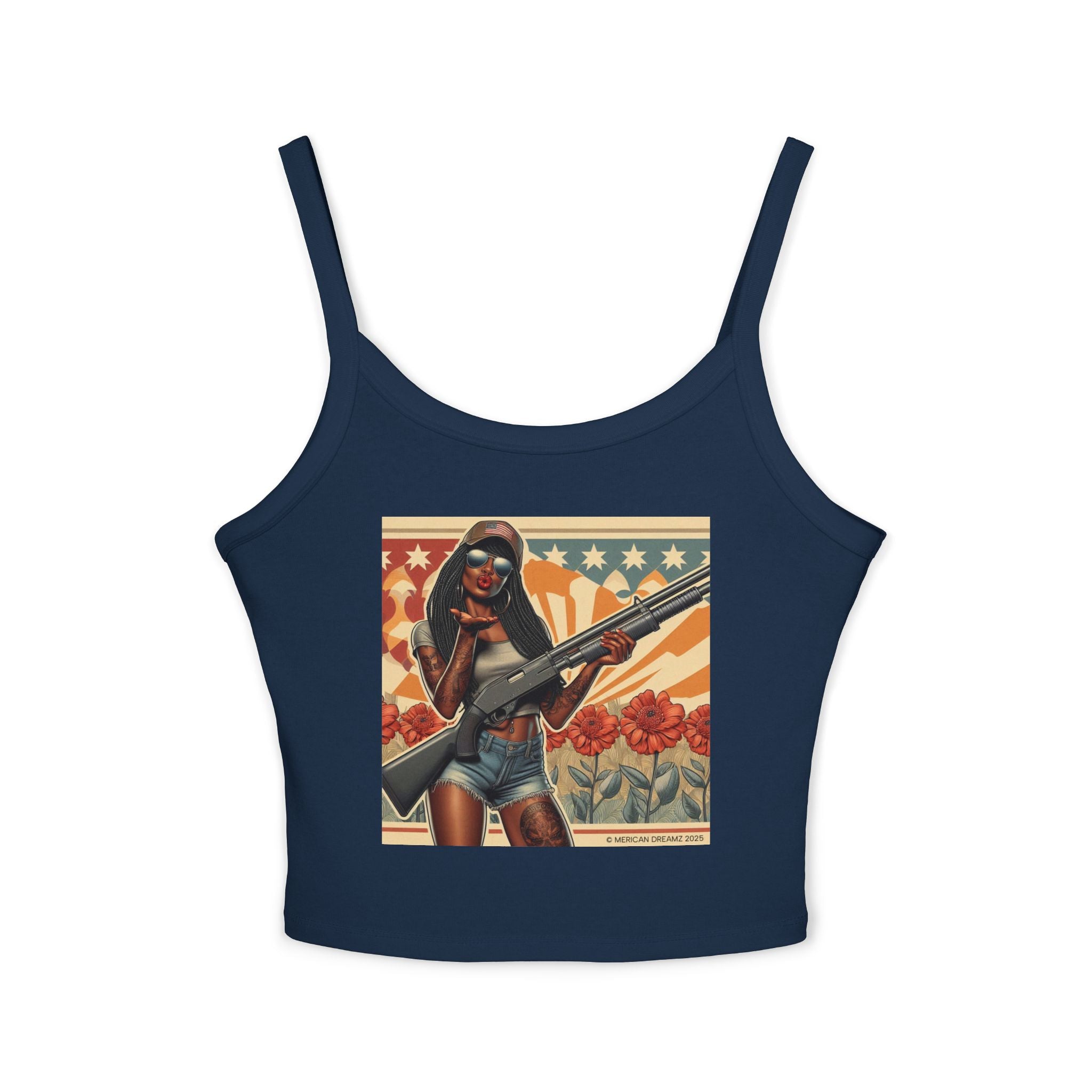 Retro Pinup Girl Tank Top — Vintage Flag & Floral Spaghetti Strap