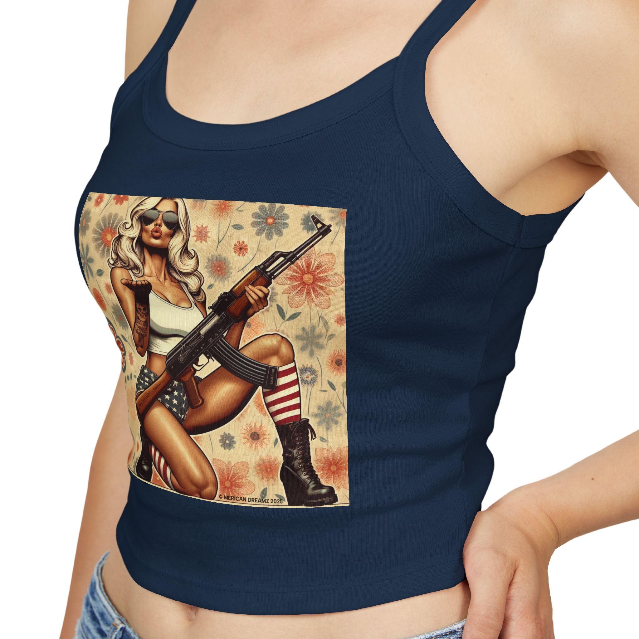 Retro Pinup Girl Tank Top — Vintage Flag & Floral Spaghetti Strap