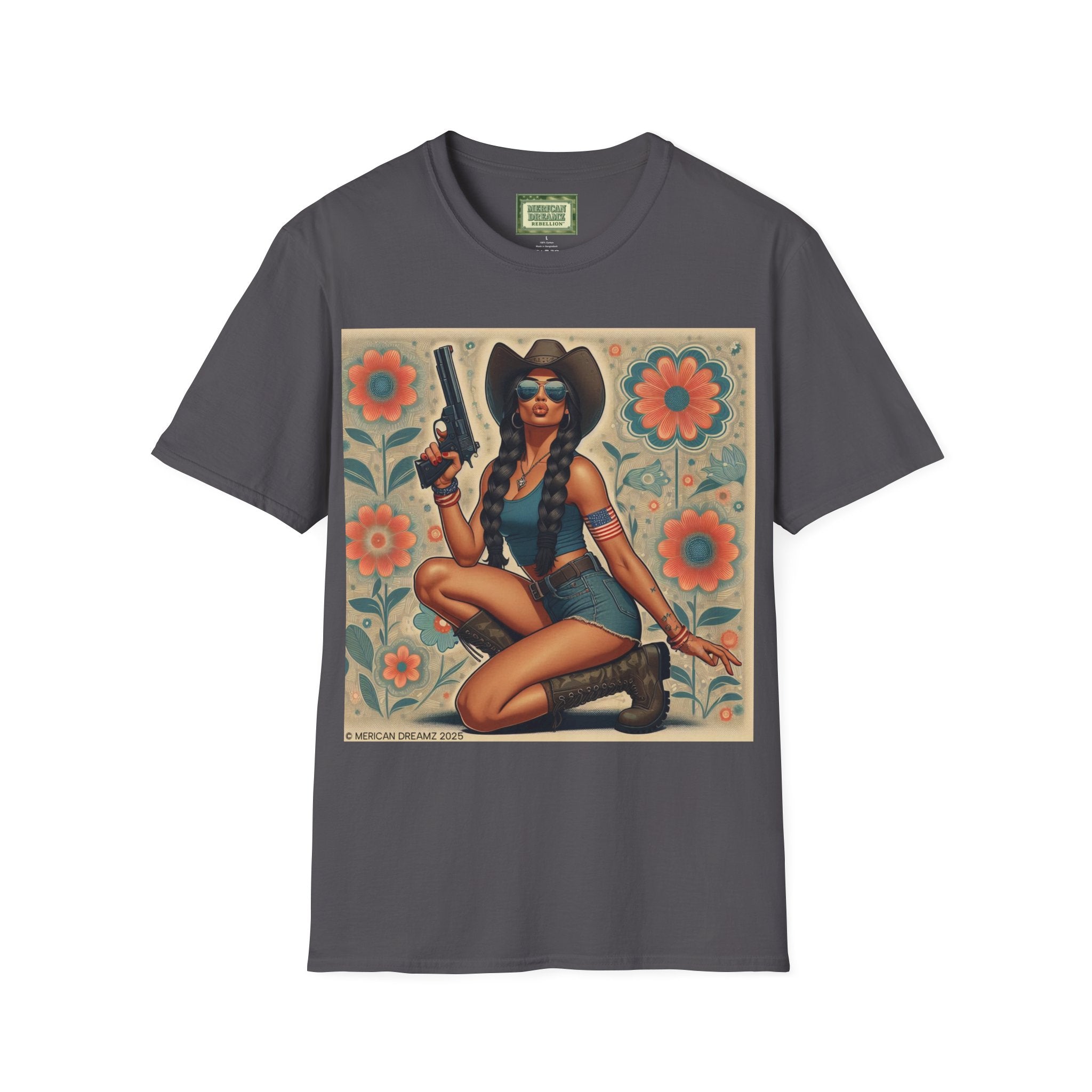 Pin-Up Americana T-Shirt — Retro Floral Gun Cowgirl Vintage Style (US Only)