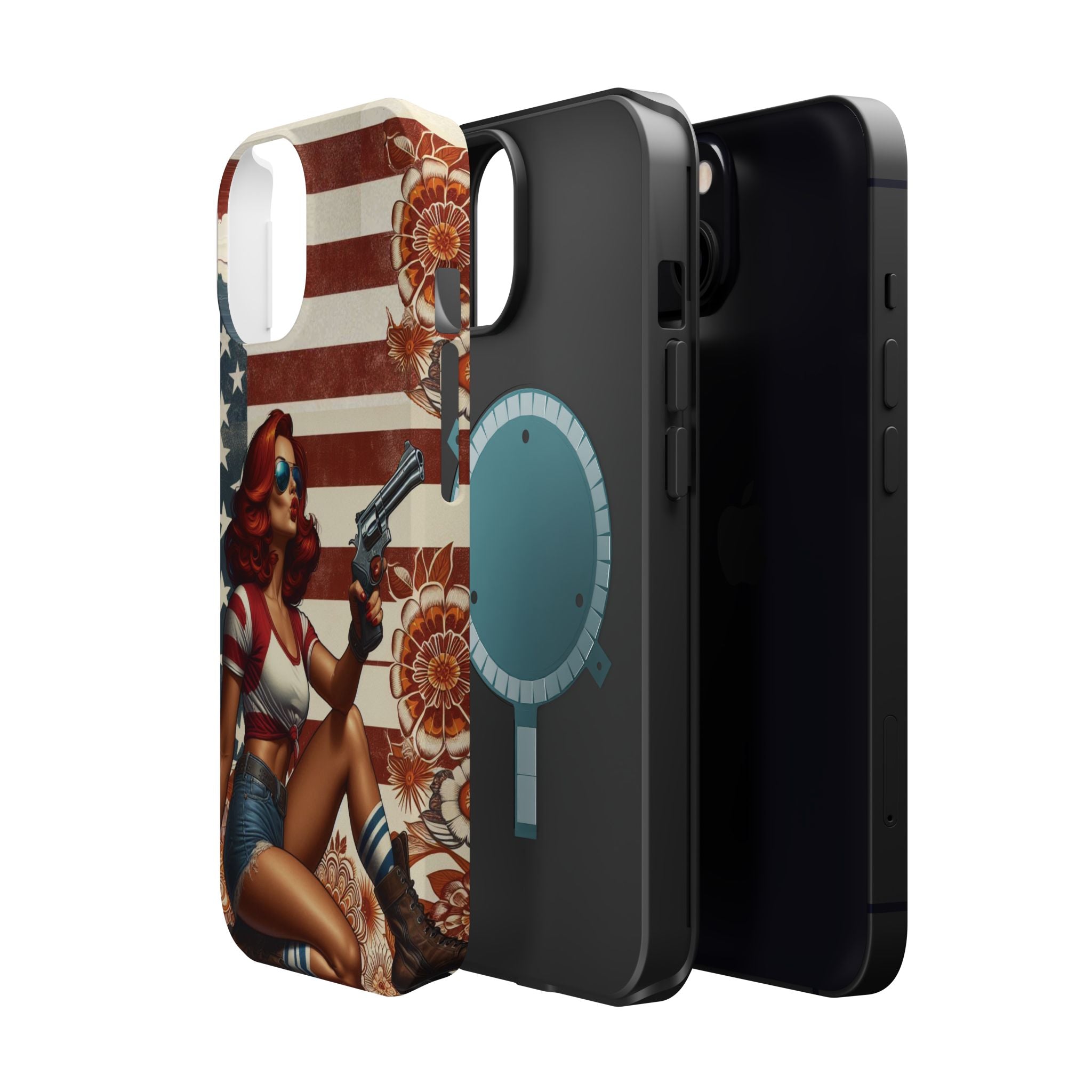 Americana .44 Magnum Pinup Girl - Magnetic Impact‑Resistant Phone Case  iPhone 13-17 / Samsung S26  MagSafe Compatible