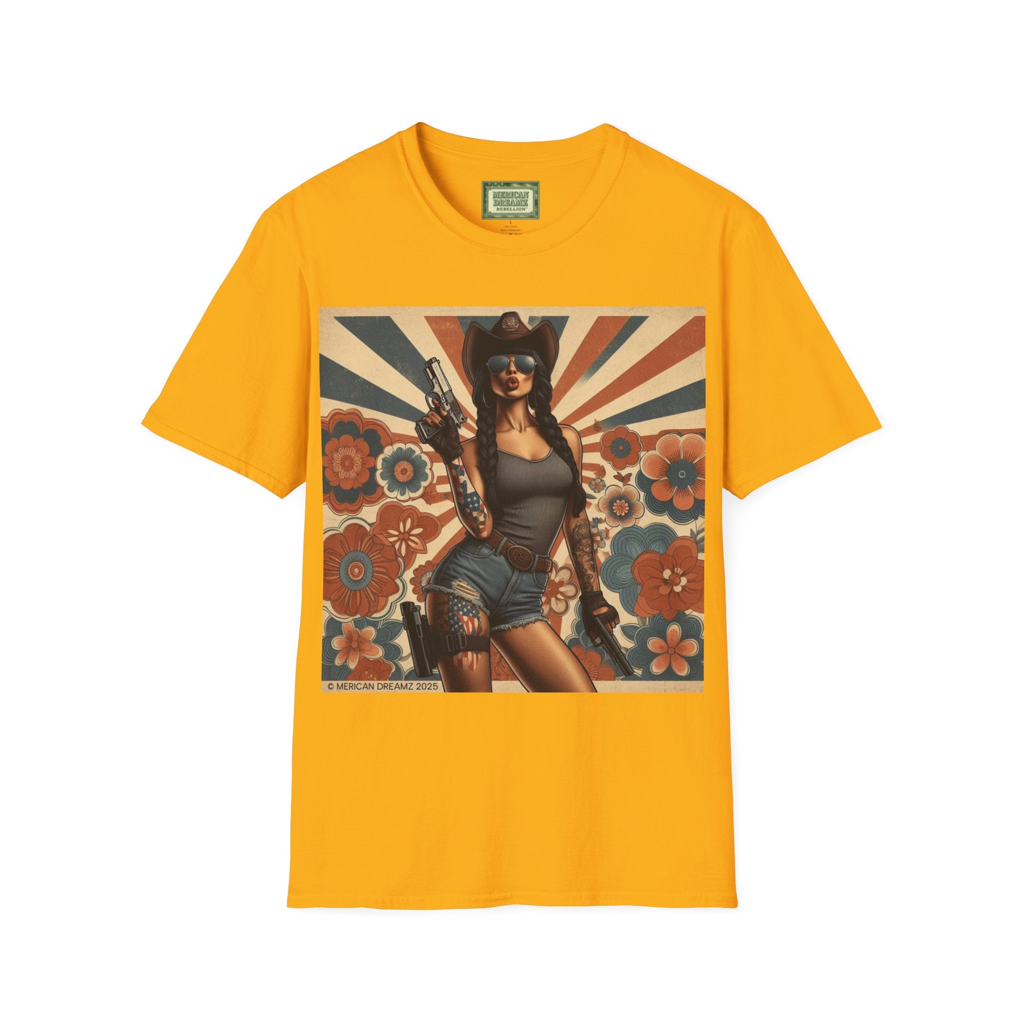 Pin-Up Americana T-Shirt — Retro Floral Gun Cowgirl Vintage Style (US Only)