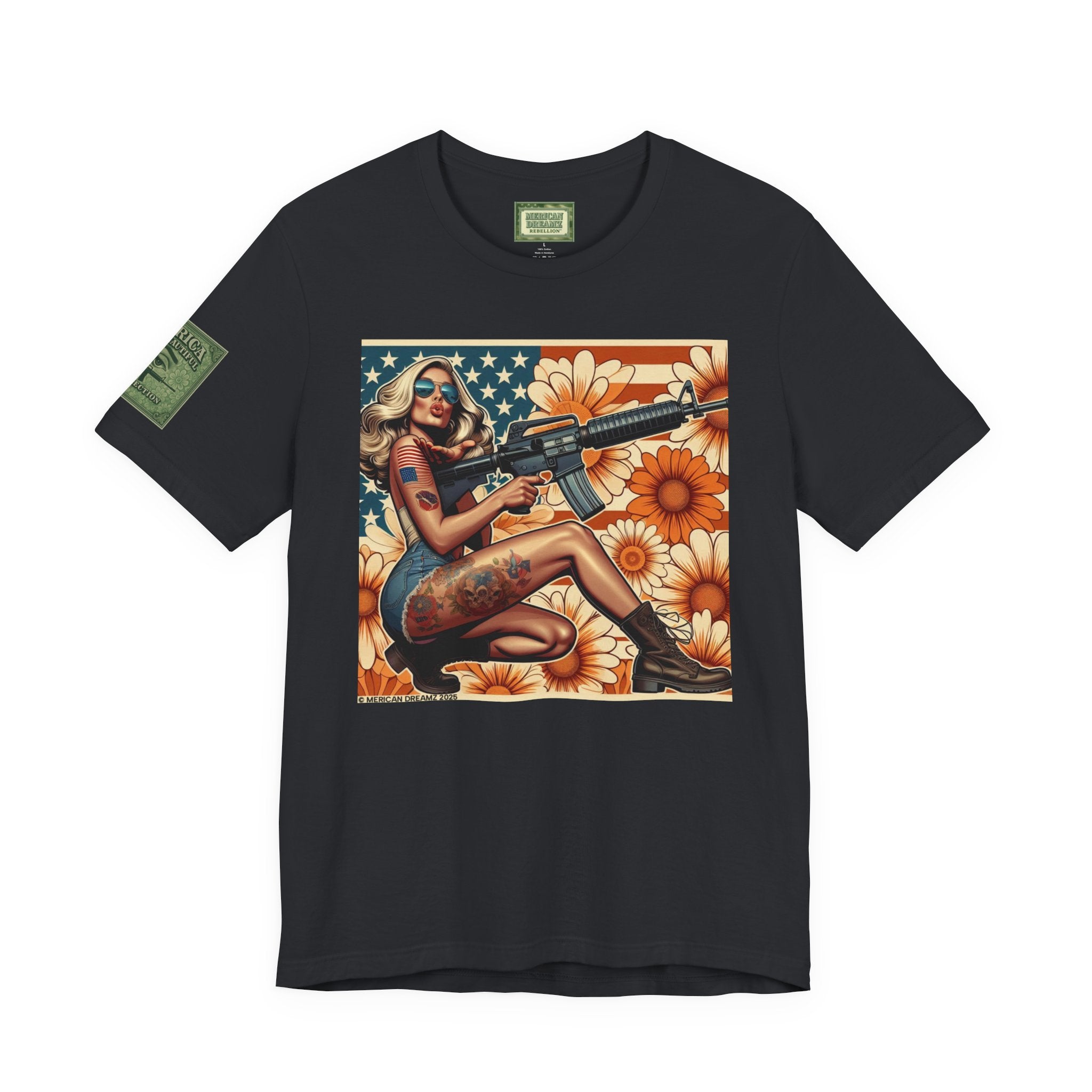 Graphic Short Sleeve Tee front and back — Retro Americana Pin-Up Girls with AR-15 Rifles