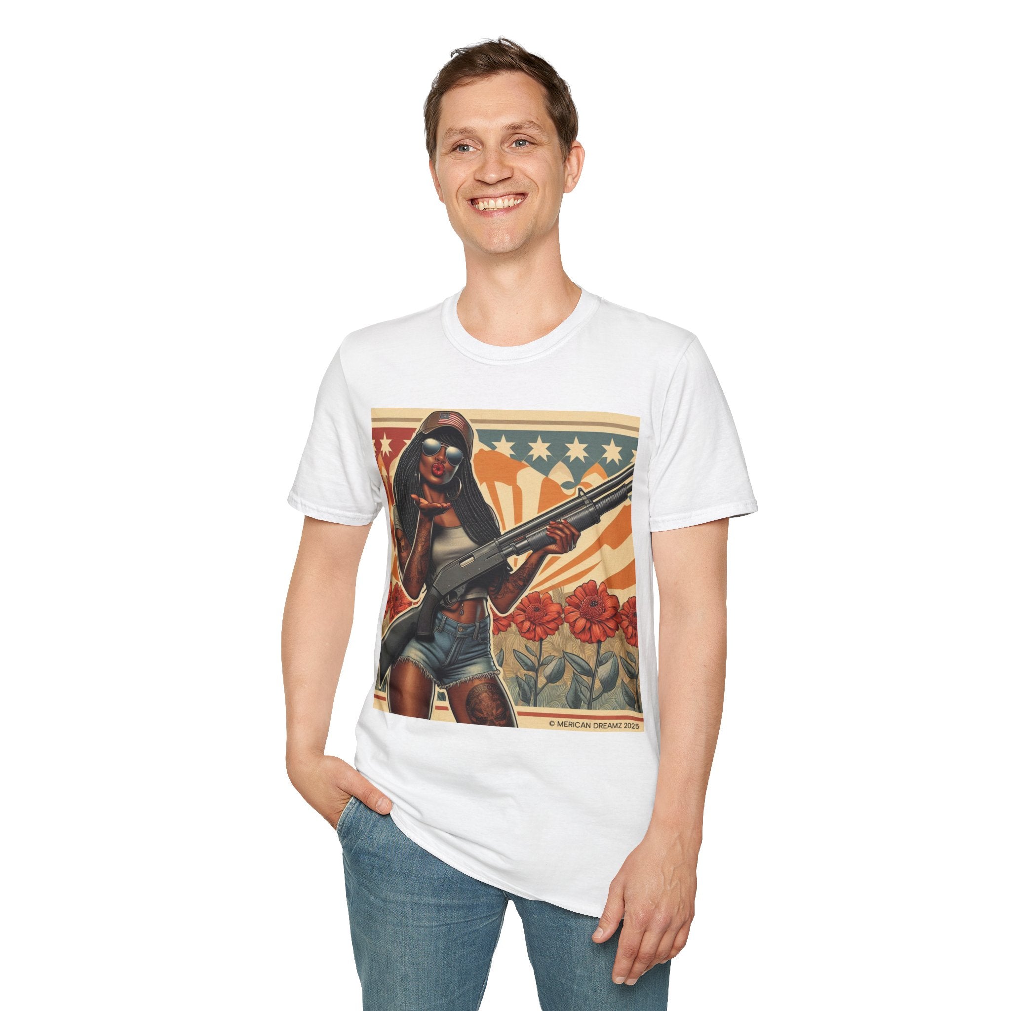 Graphic T-Shirt — Patriotic Pinup Girl with Shotgun Vintage Flag Design (US Only)