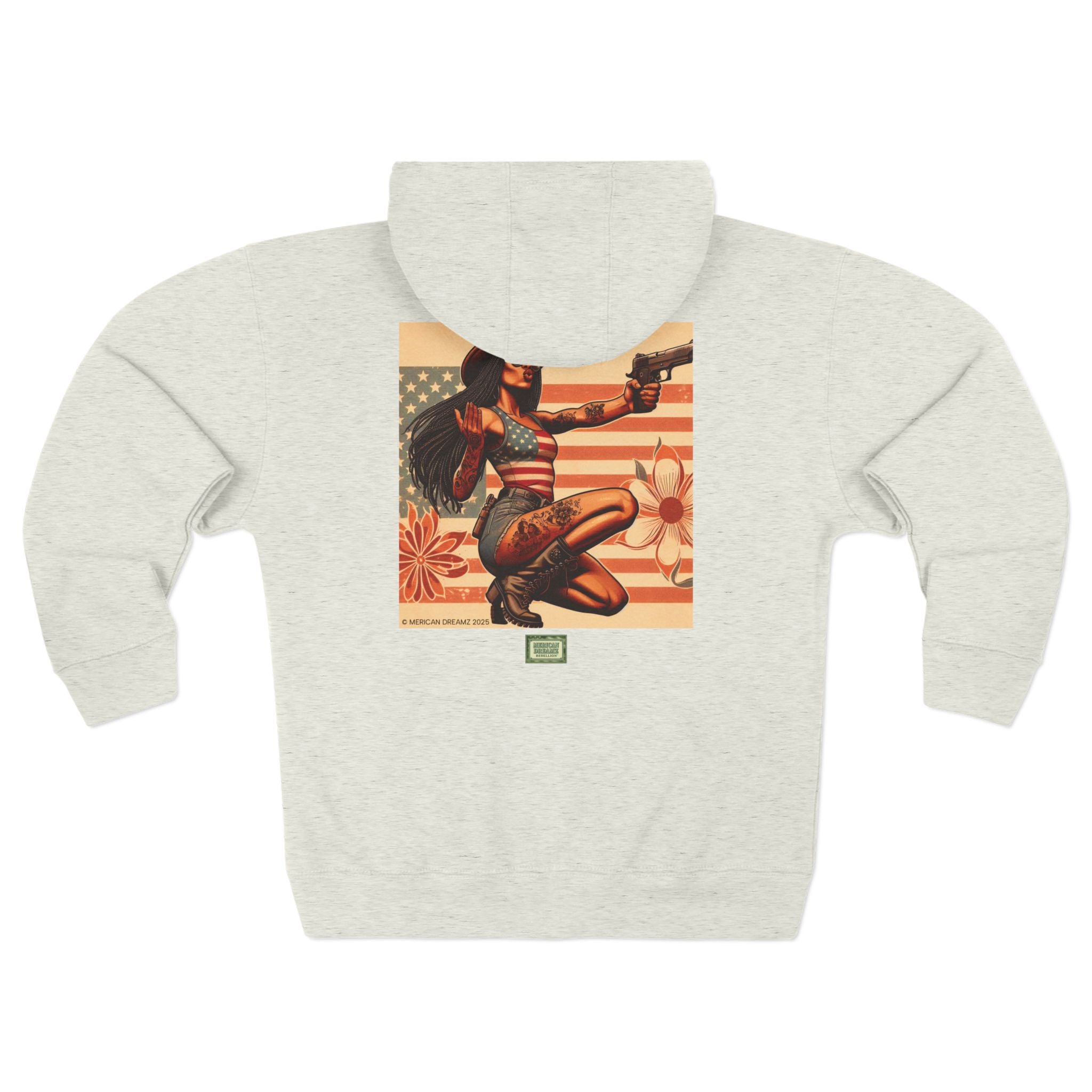 Americana Pinup Cowgirl with 9mm Zip Hoodie — Retro Vintage Patriotic Graphic