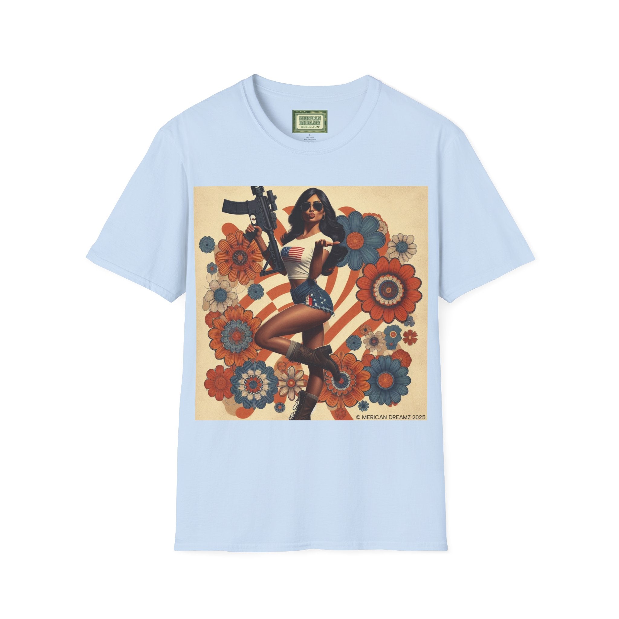 Graphic T-Shirt — Patriotic Pinup Girl with Rifle Vintage Flag Design (US Only)