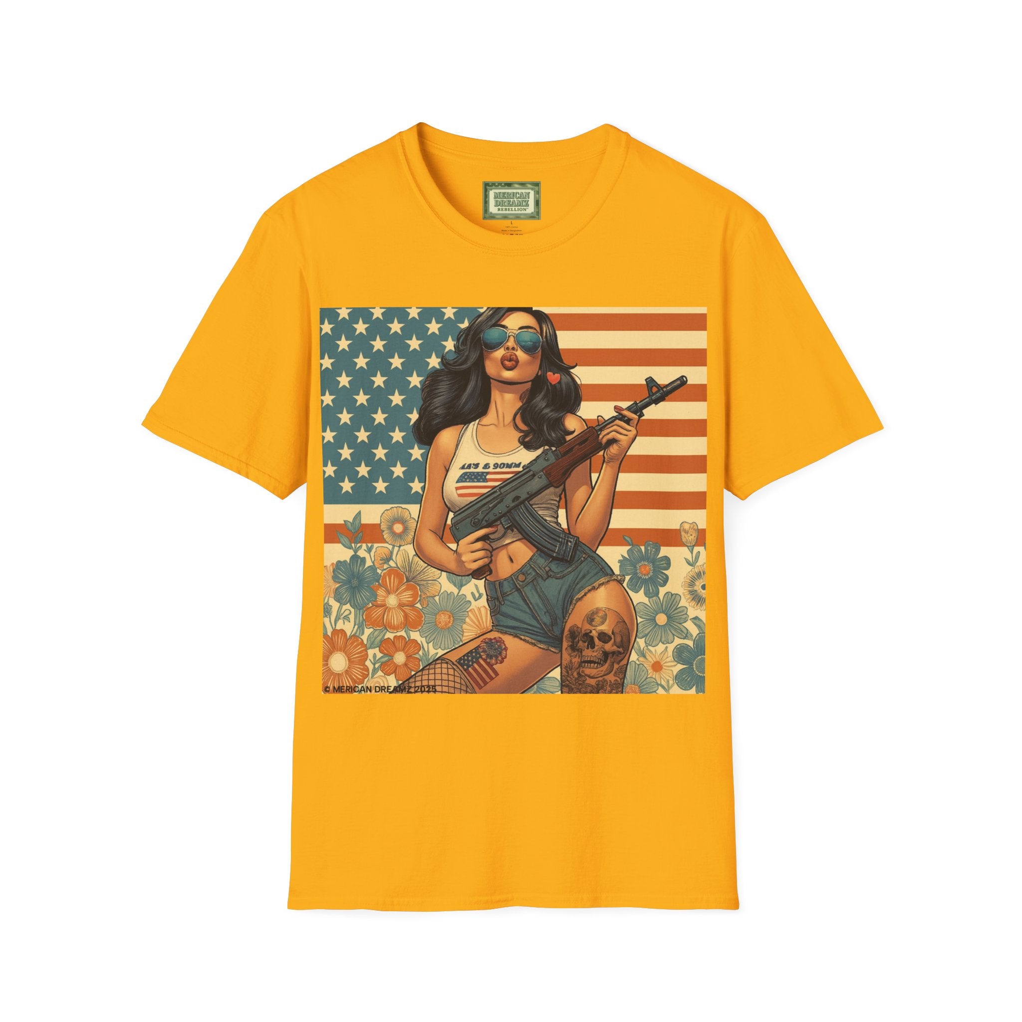 Graphic T-Shirt — Patriotic Pinup Girl with Rifle Vintage Flag Design (US Only)