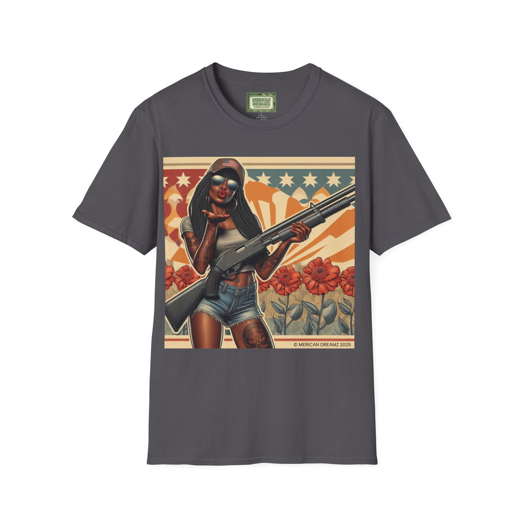 Graphic T-Shirt — Patriotic Pinup Girl with Shotgun Vintage Flag Design (US Only)