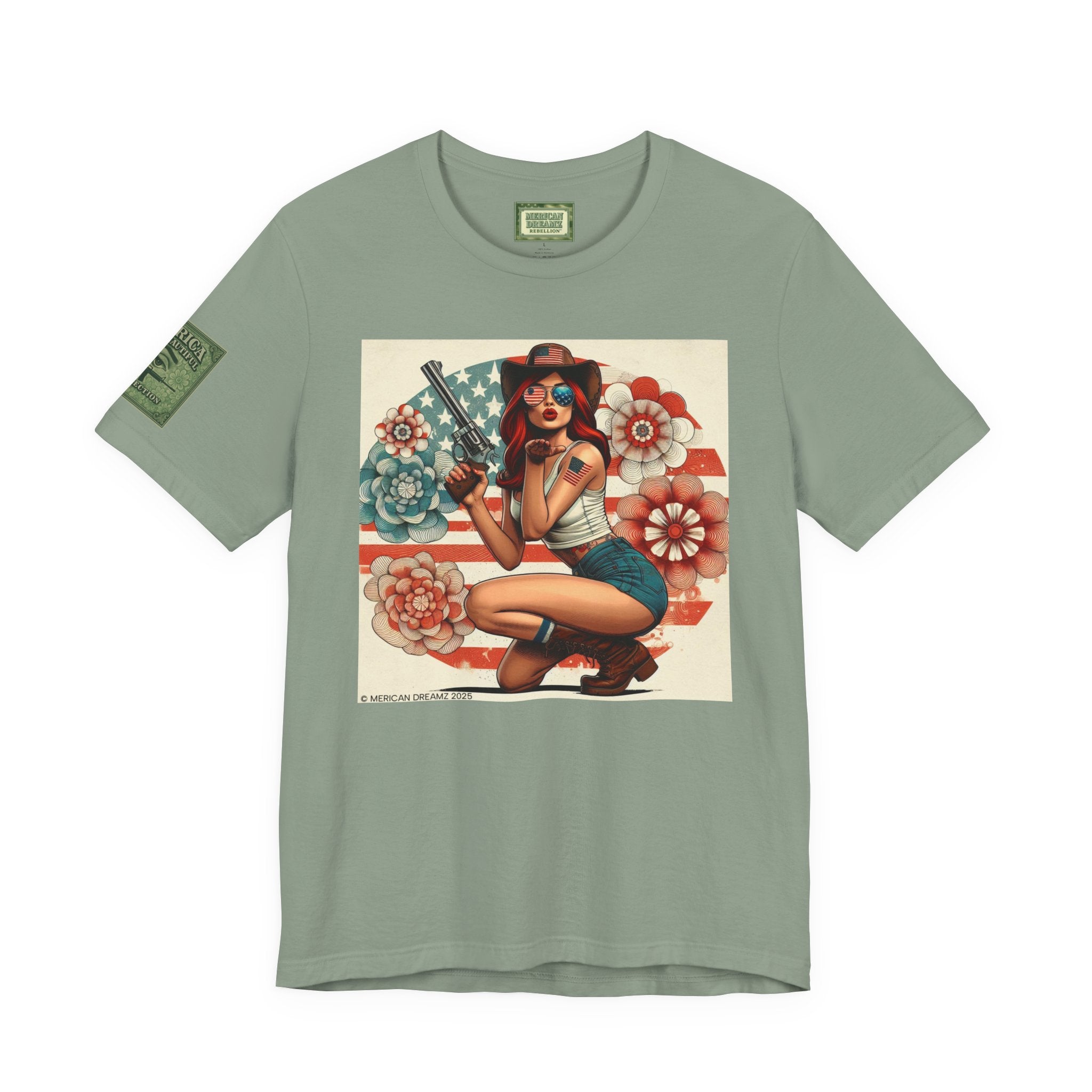Graphic Short Sleeve Tee front and back — Retro Americana Pin-Up Cowgirls with .44 Magnum Revolvers