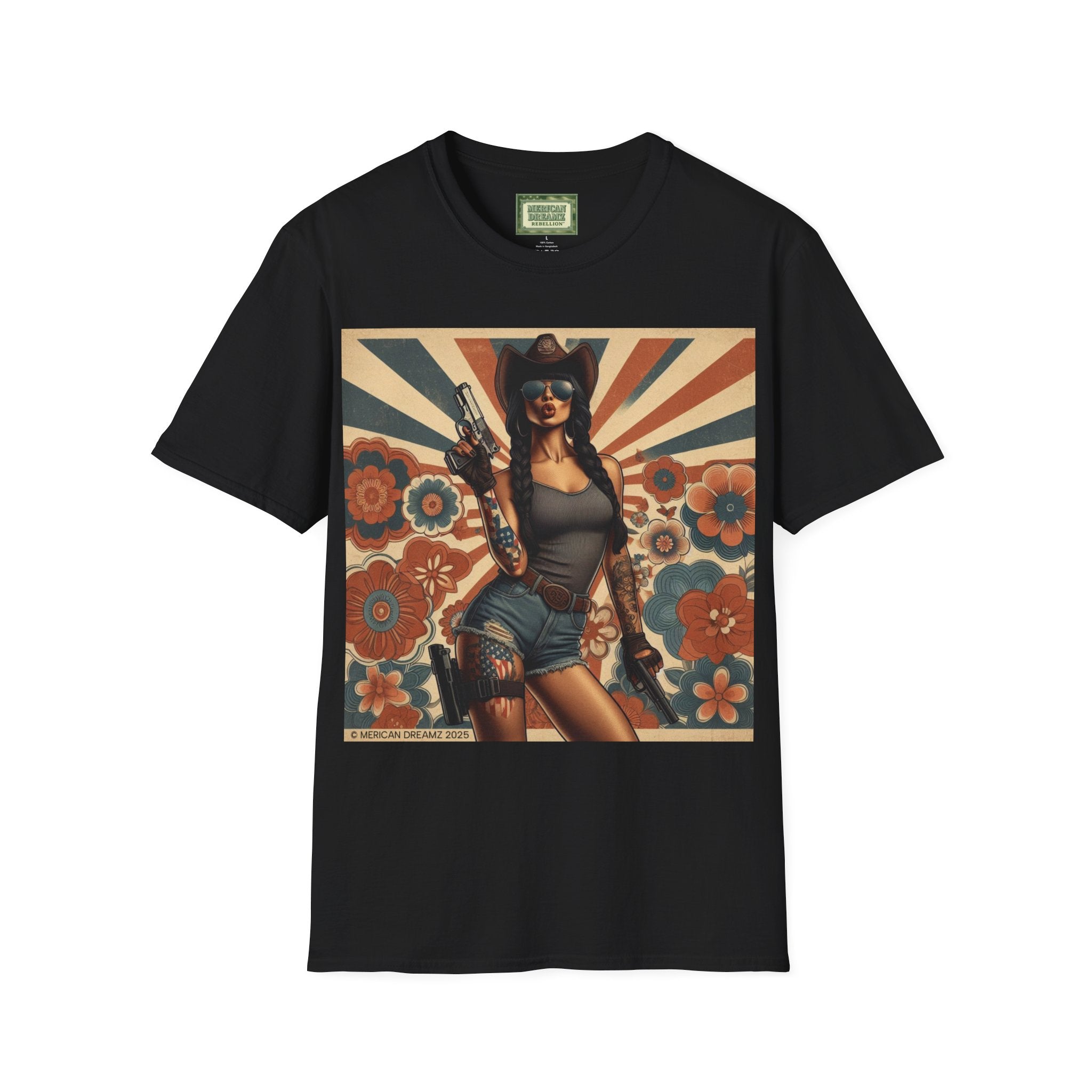 Pin-Up Americana T-Shirt — Retro Floral Gun Cowgirl Vintage Style (US Only)