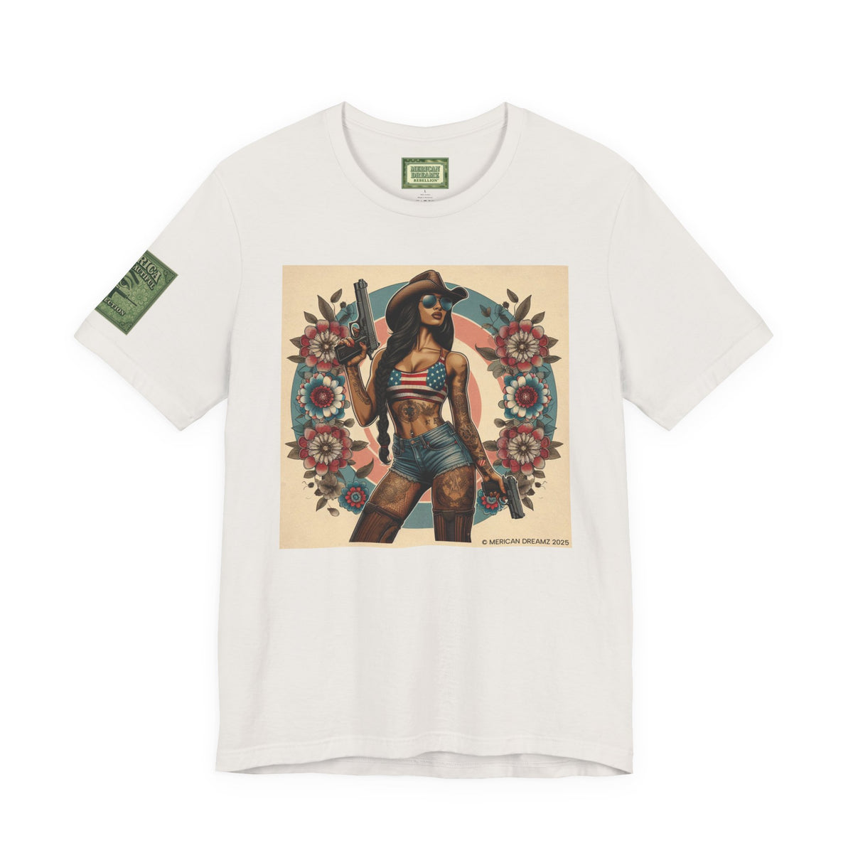 Graphic Short Sleeve Tee front and back — Retro Americana Pin-Up Cowgirls with 9mm Pistols