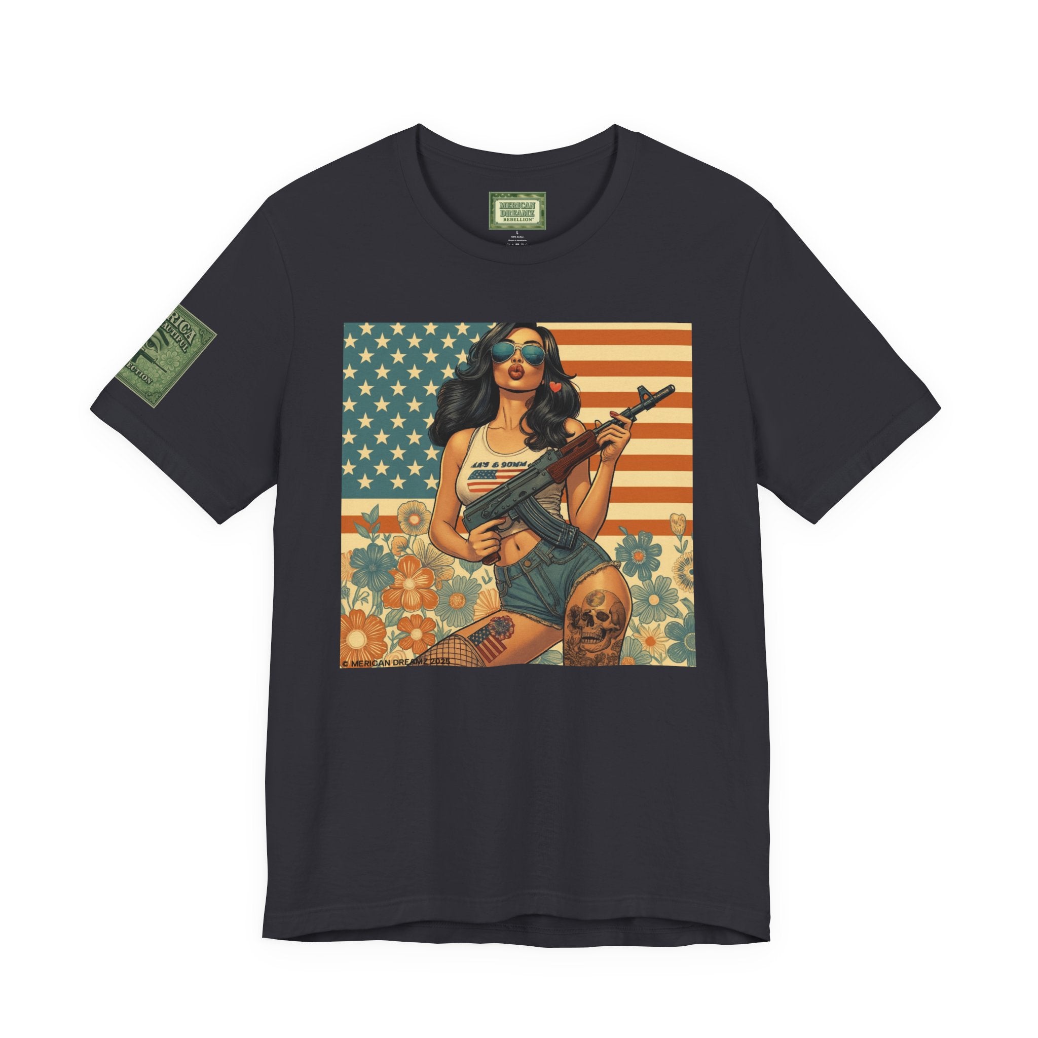 Graphic Short Sleeve Tee front and back — Retro Americana Pin-Up Girls with AK-47 Rifles