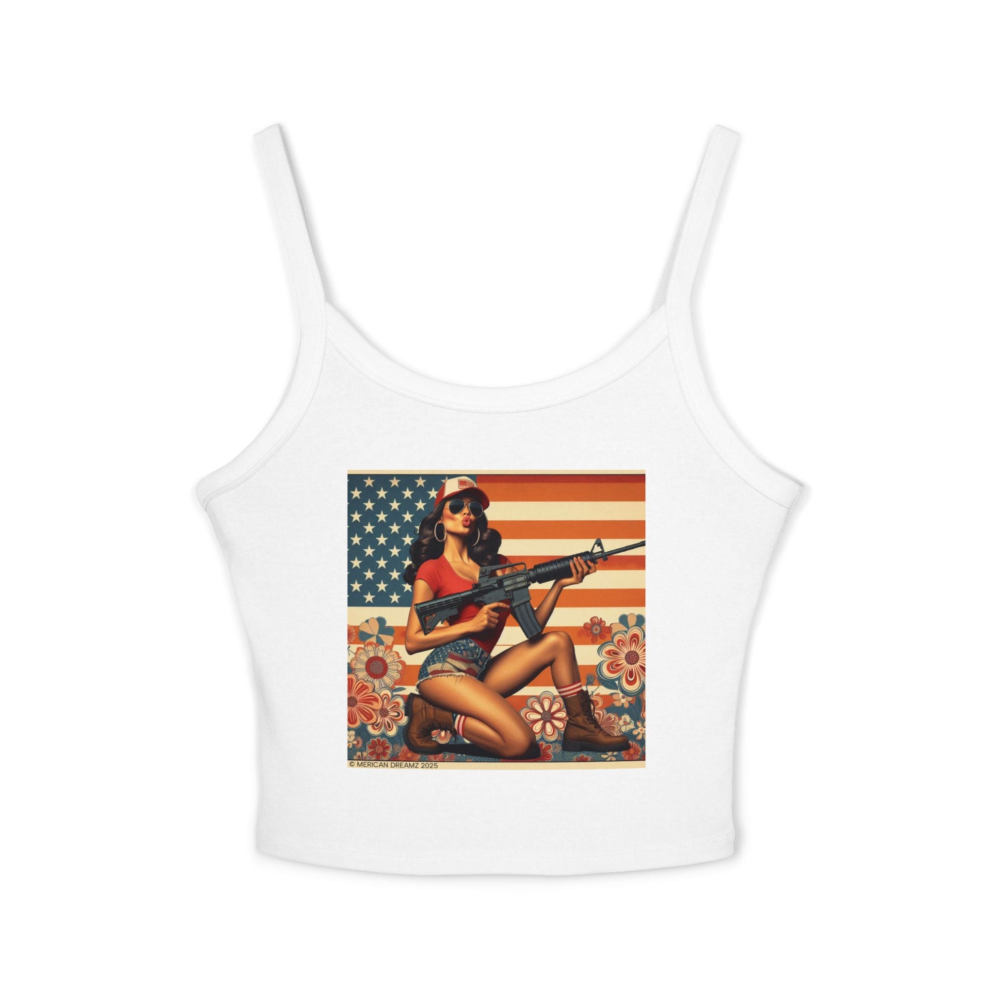 Retro Pinup Girl Tank Top — Vintage Flag & Floral Spaghetti Strap