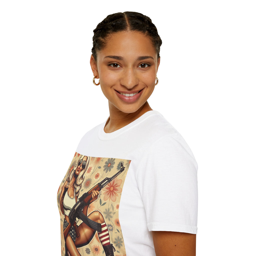 Graphic T-Shirt — Patriotic Pinup Girl with Rifle Vintage Flag Design (US Only)
