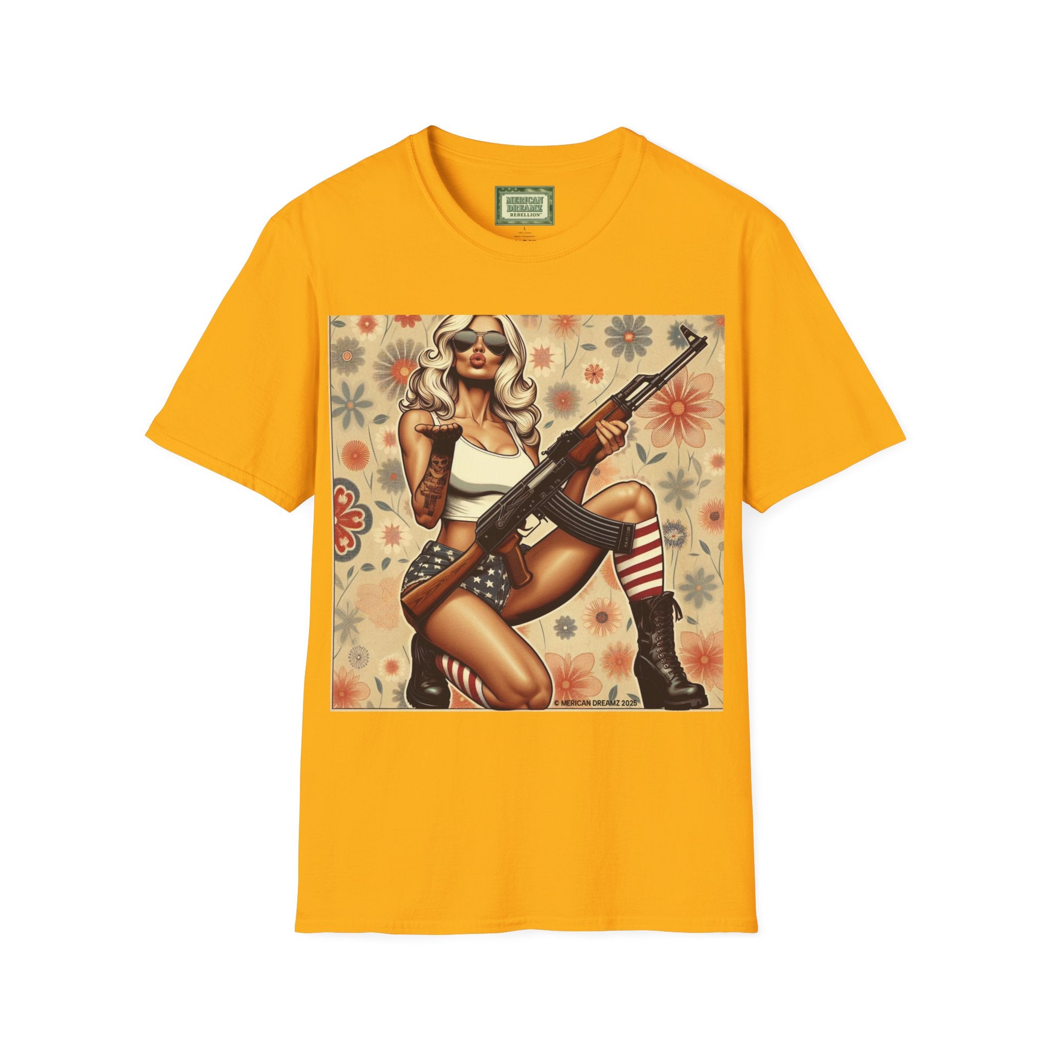 Graphic T-Shirt — Patriotic Pinup Girl with Rifle Vintage Flag Design (US Only)