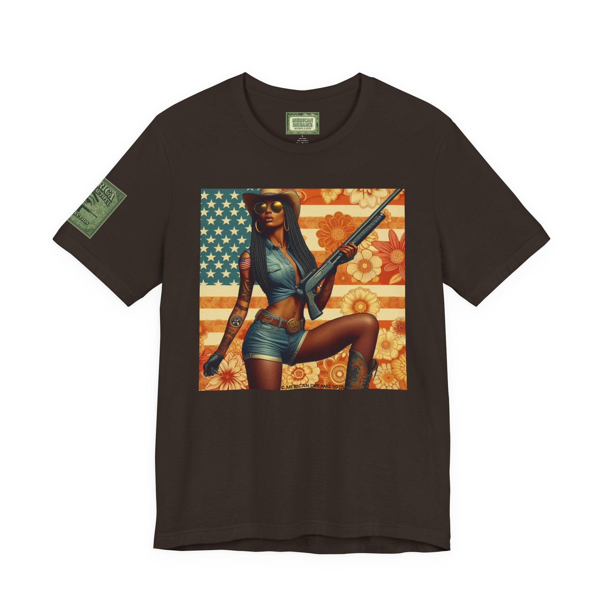 Graphic Short Sleeve Tee front and back — Retro Americana Pin-Up Cowgirls with 12 Gauge Shotguns
