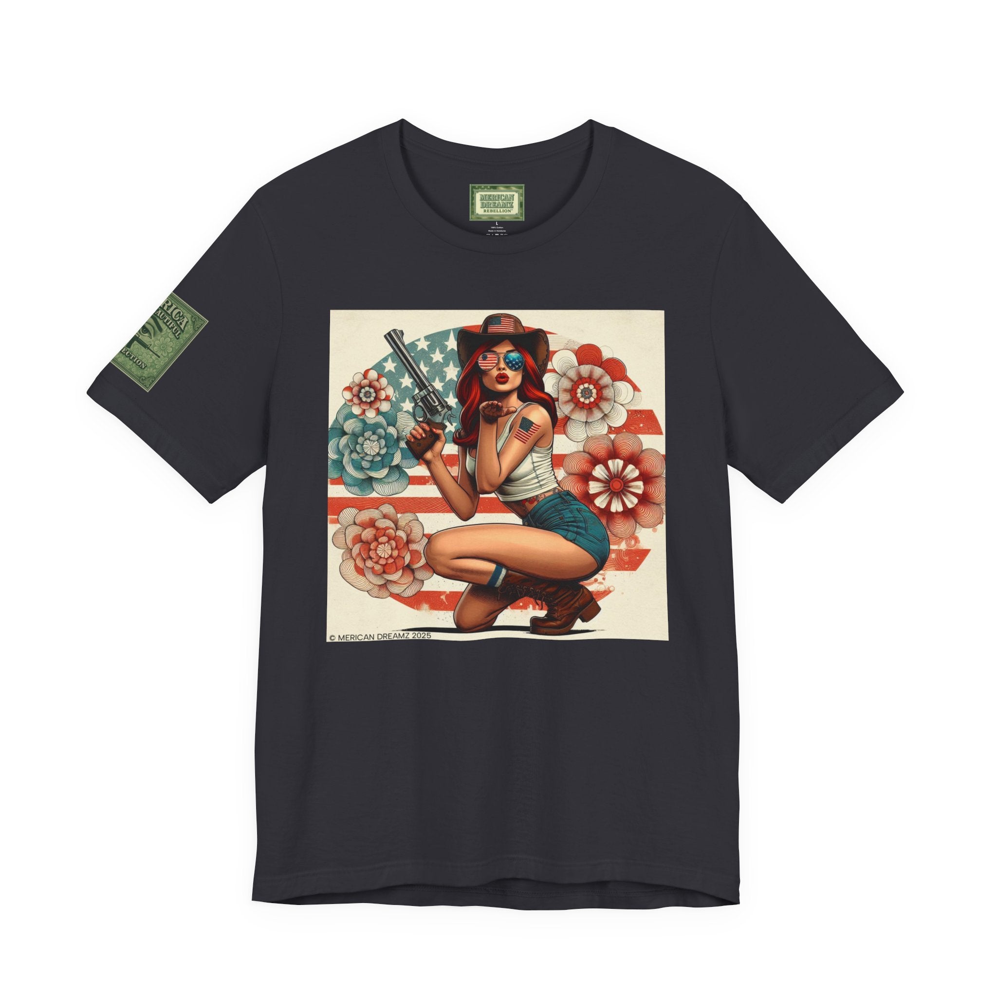 Graphic Short Sleeve Tee front and back — Retro Americana Pin-Up Cowgirls with .44 Magnum Revolvers