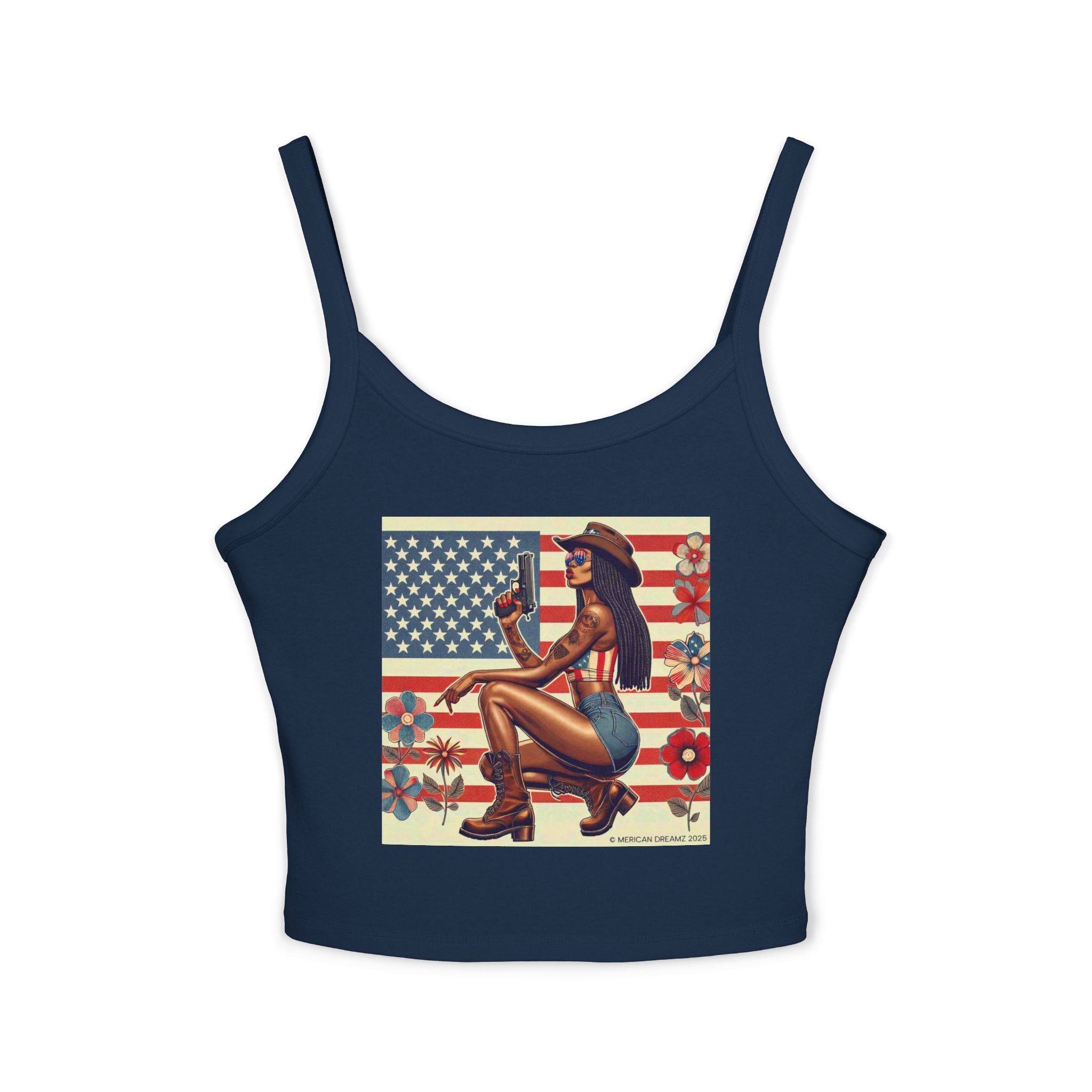 Retro Pinup Girl Tank Top — Vintage Flag & Floral Spaghetti Strap