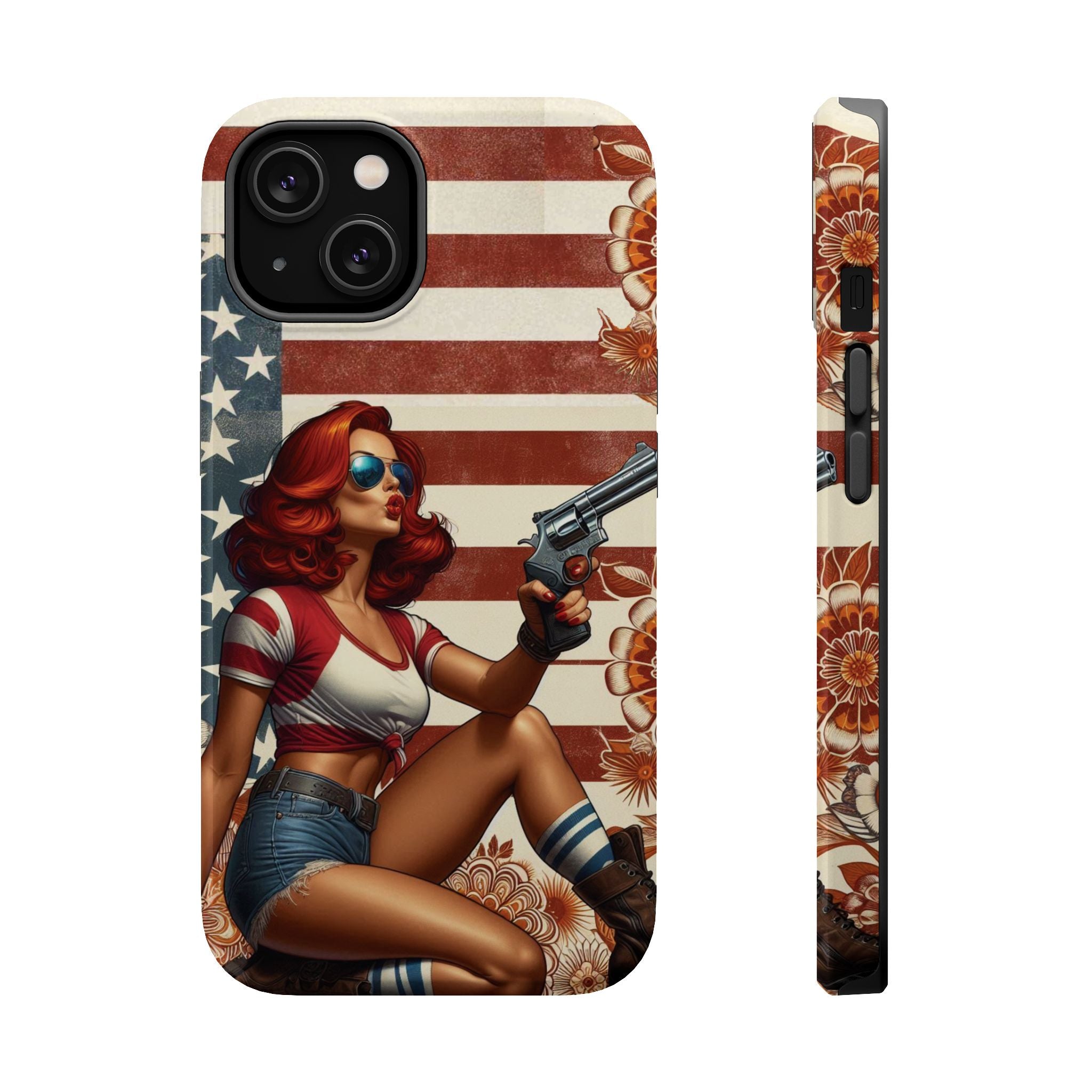 Americana .44 Magnum Pinup Girl - Magnetic Impact‑Resistant Phone Case  iPhone 13-17 / Samsung S26  MagSafe Compatible
