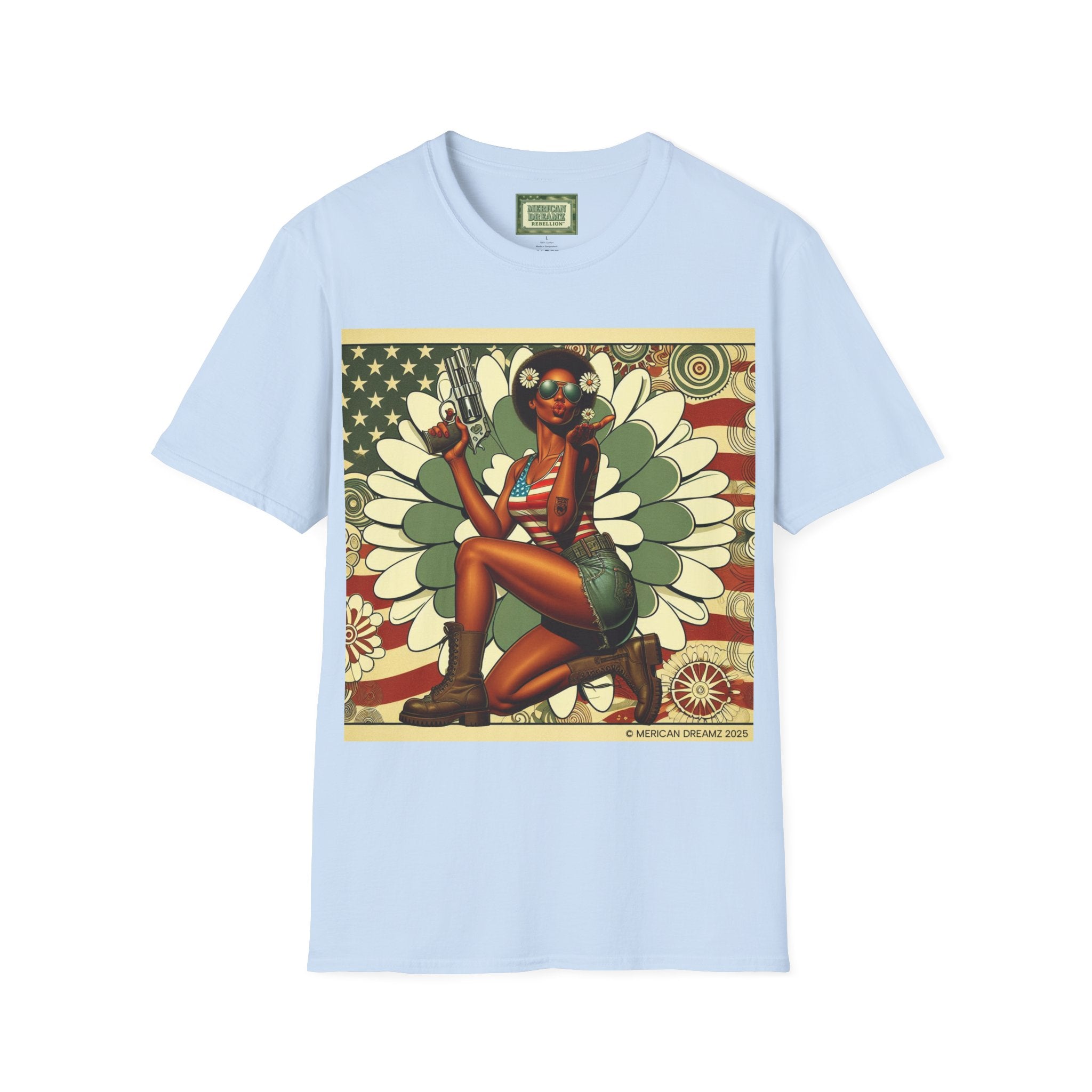 Graphic T-Shirt — Patriotic Pinup Girl with Pistol Vintage Flag Design (US Only)