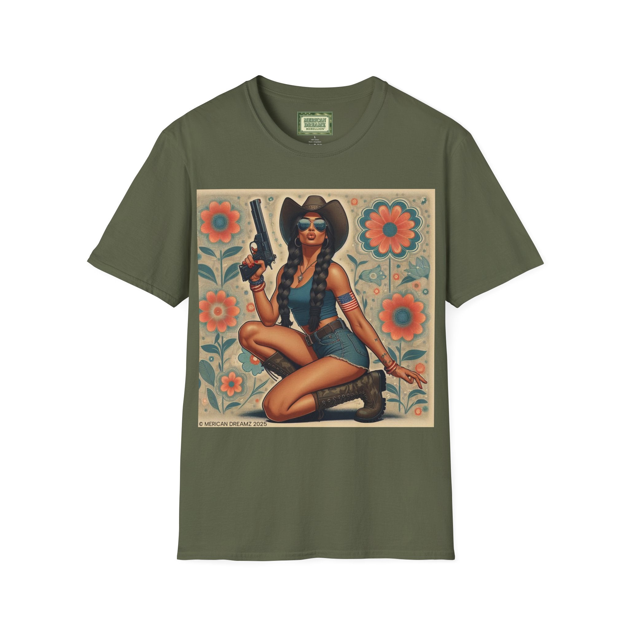 Pin-Up Americana T-Shirt — Retro Floral Gun Cowgirl Vintage Style (US Only)
