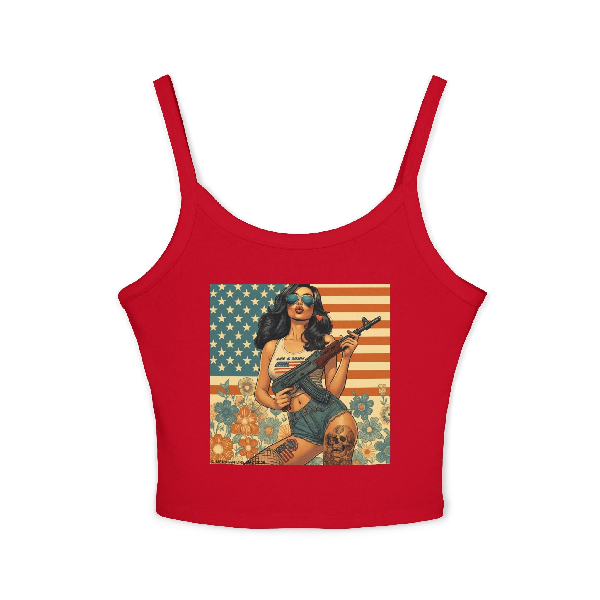 Retro Pinup Girl Tank Top — Vintage Flag & Floral Spaghetti Strap