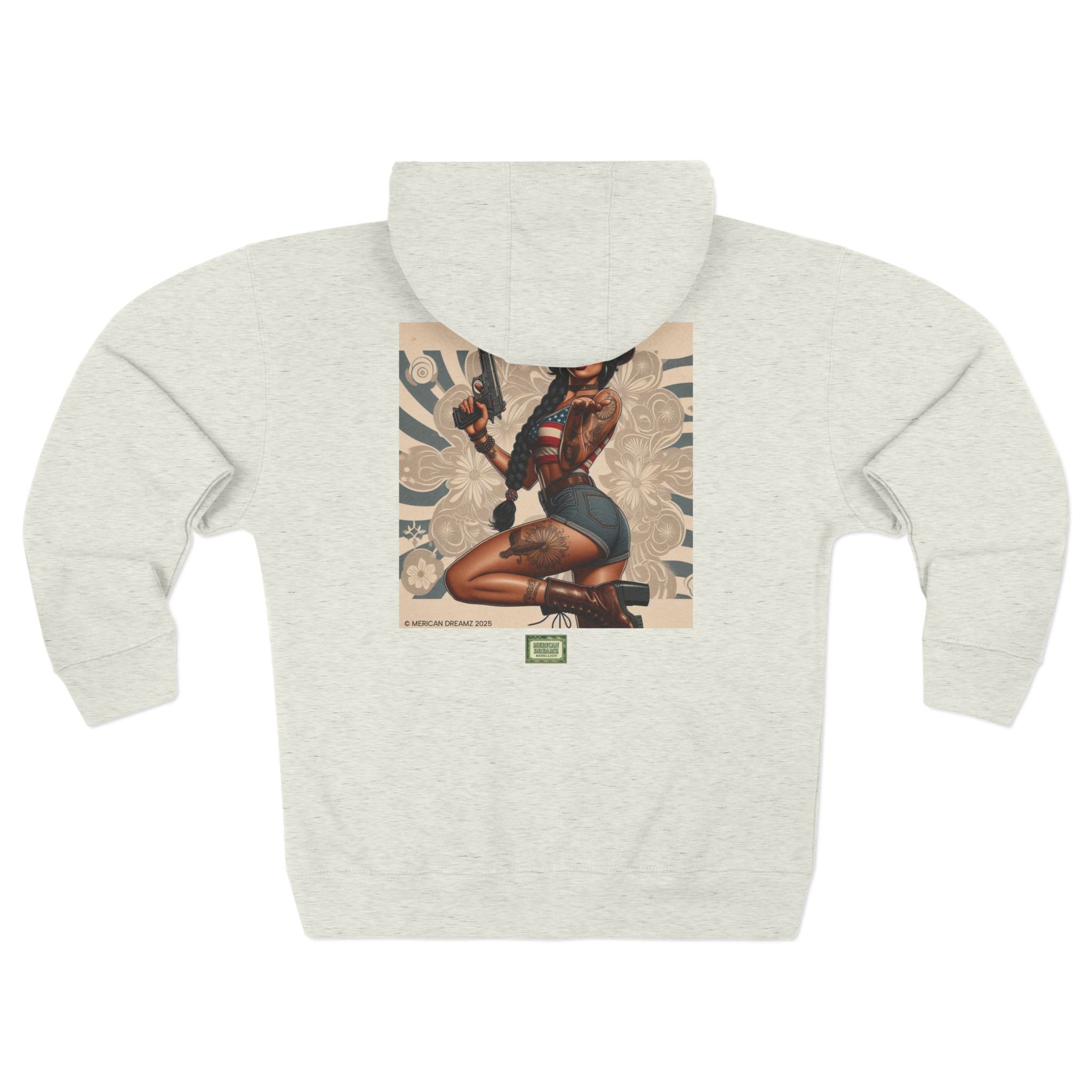 Americana Pinup Cowgirl with 9mm Zip Hoodie — Retro Vintage Patriotic Graphic