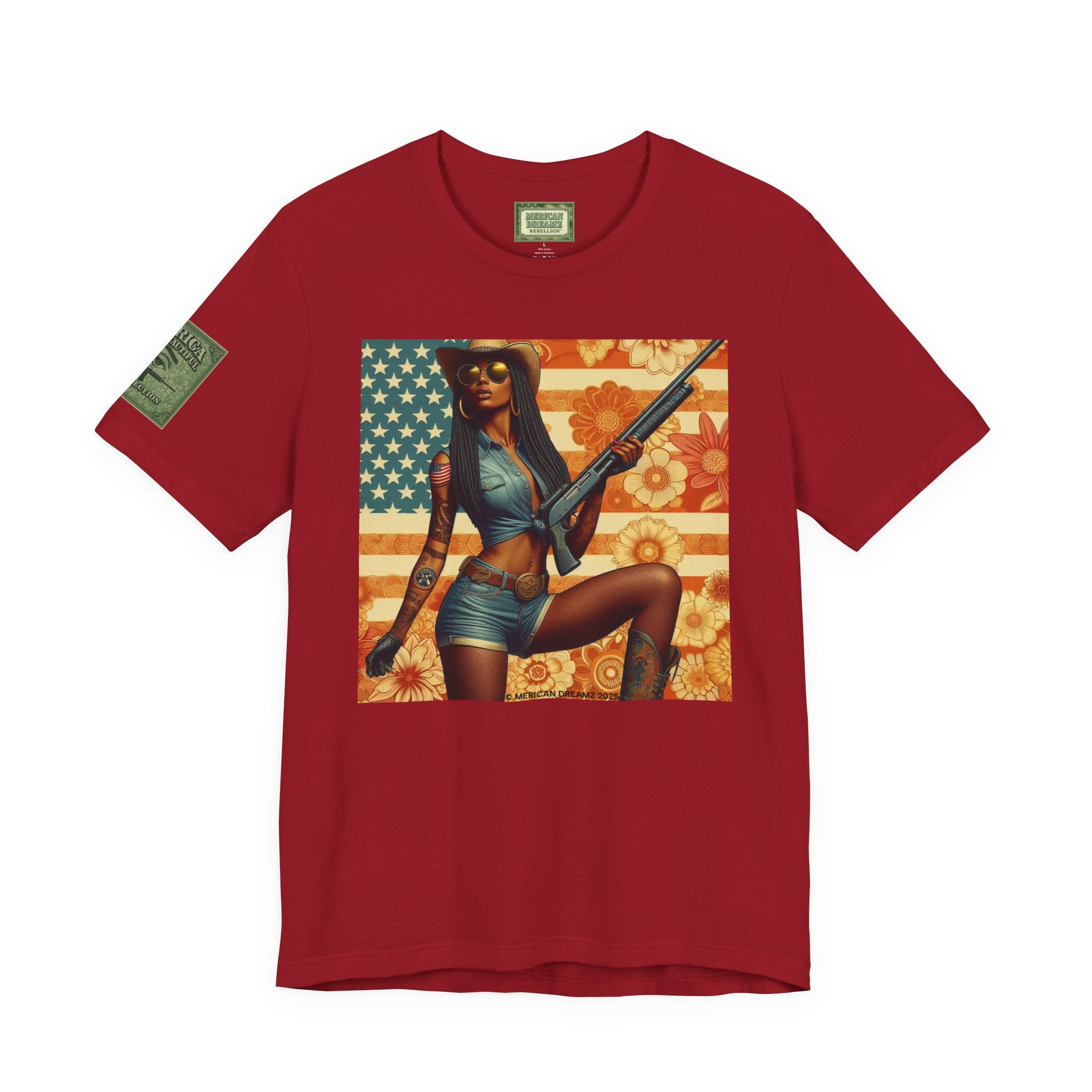 Graphic Short Sleeve Tee front and back — Retro Americana Pin-Up Cowgirls with 12 Gauge Shotguns