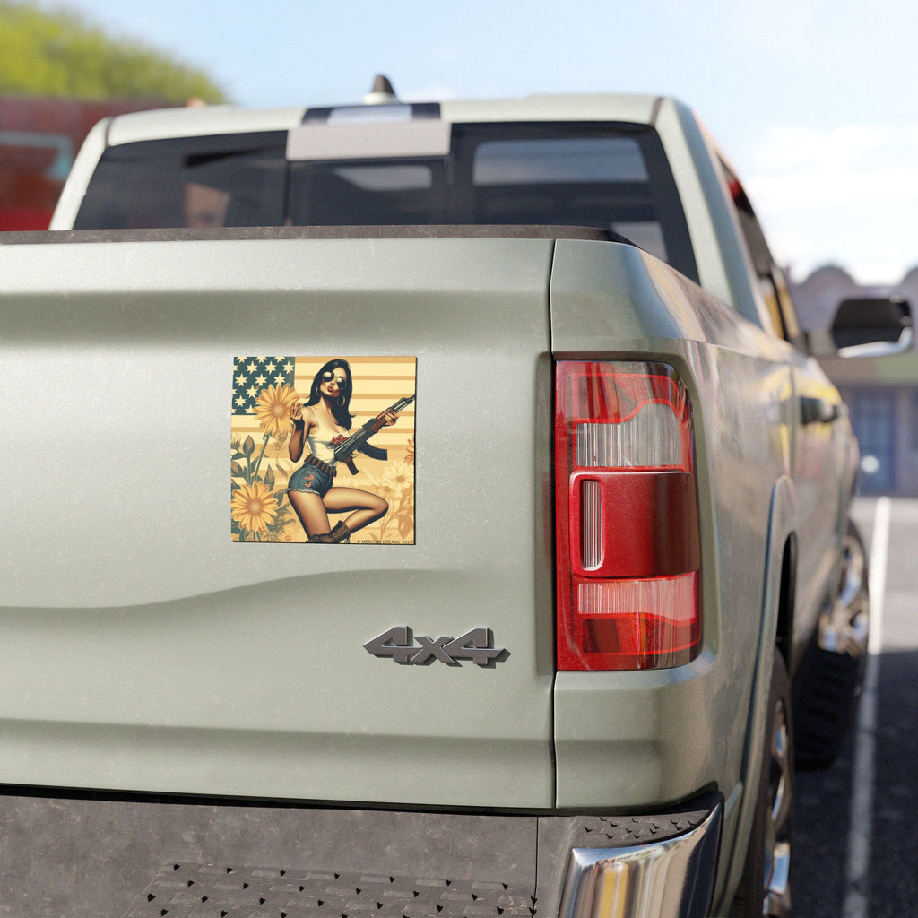 Car Magnet Americana Pinup girl with Rifle | Square Vintage Floral