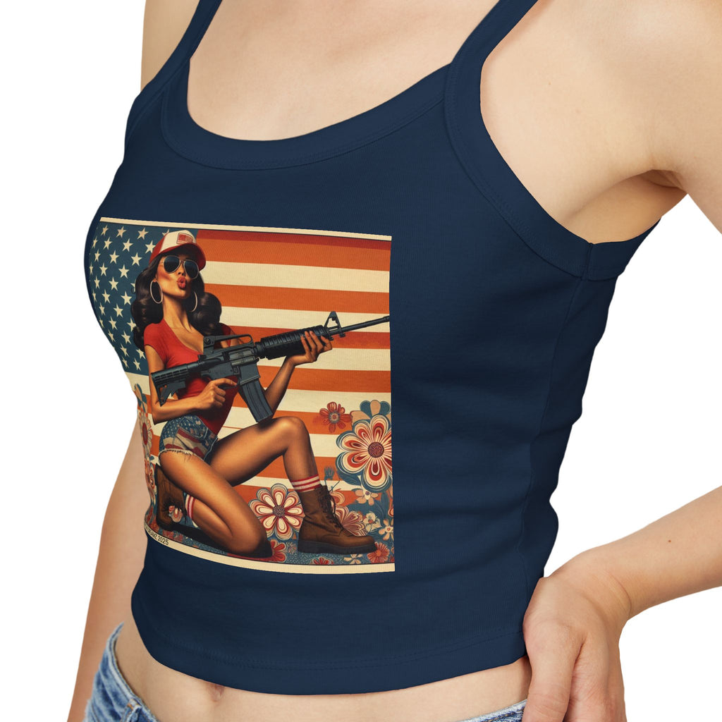 Retro Pinup Girl Tank Top — Vintage Flag & Floral Spaghetti Strap