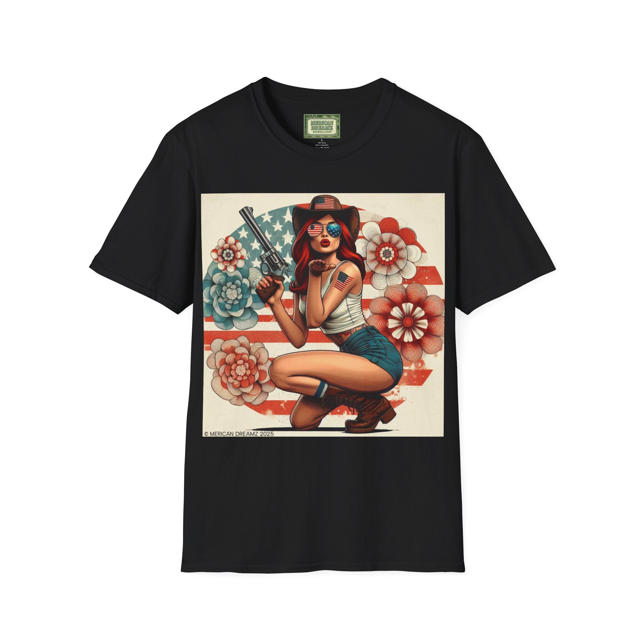 Pin-Up Americana T-Shirt — Retro Floral Gun Cowgirl Vintage Style (US Only)