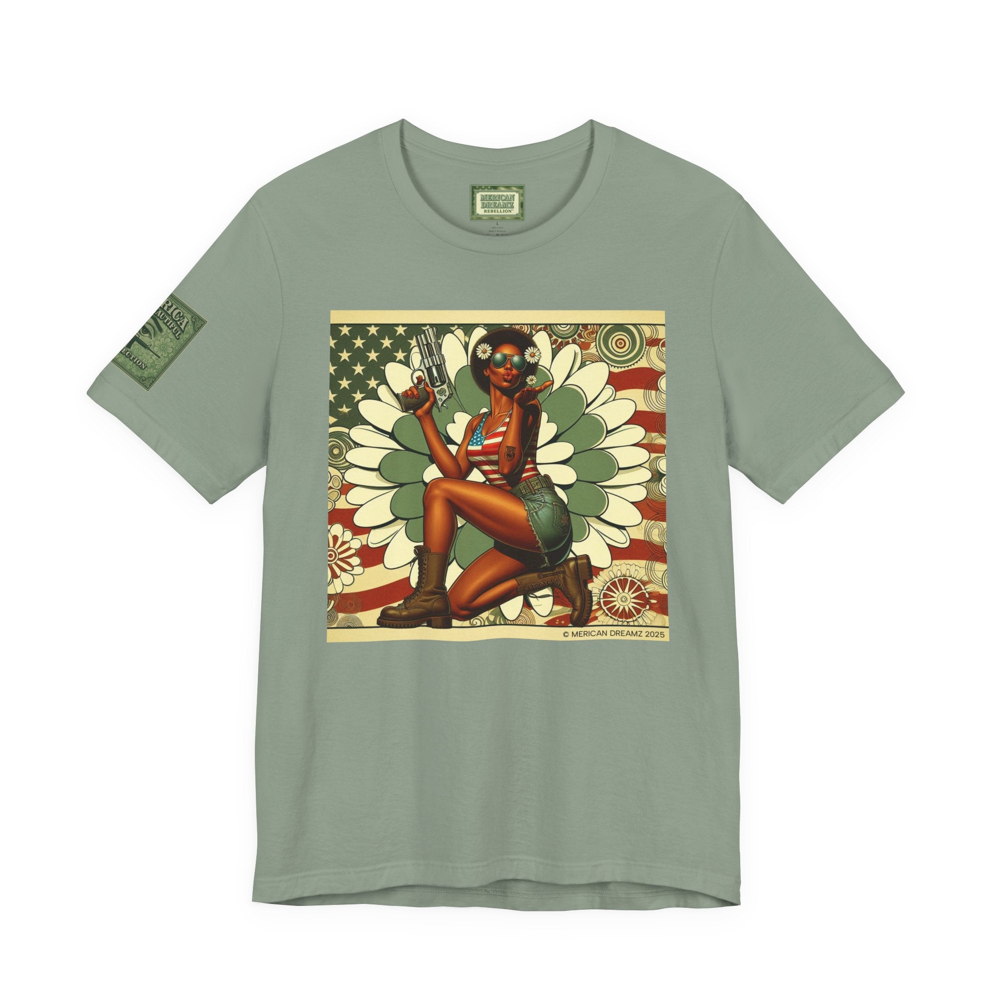 Graphic Short Sleeve Tee front and back — Retro Americana Pin-Up Cowgirls with .44 Magnum and AR-15