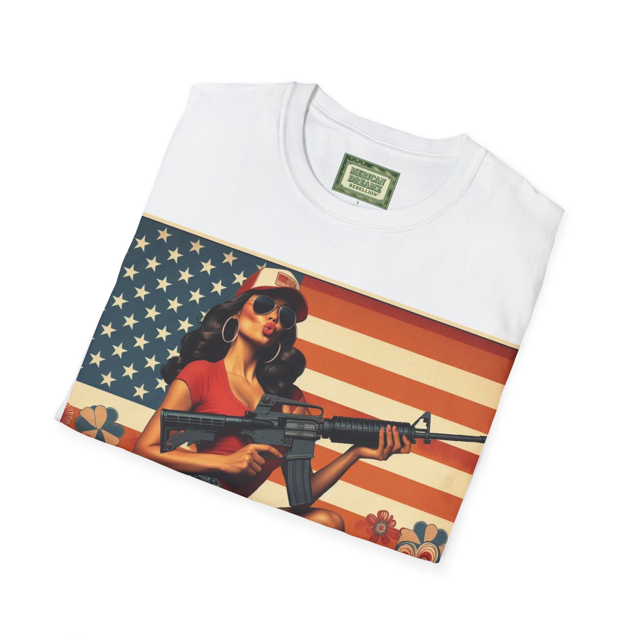 Graphic T-Shirt — Patriotic Pinup Girl with Rifle Vintage Flag Design (US Only)