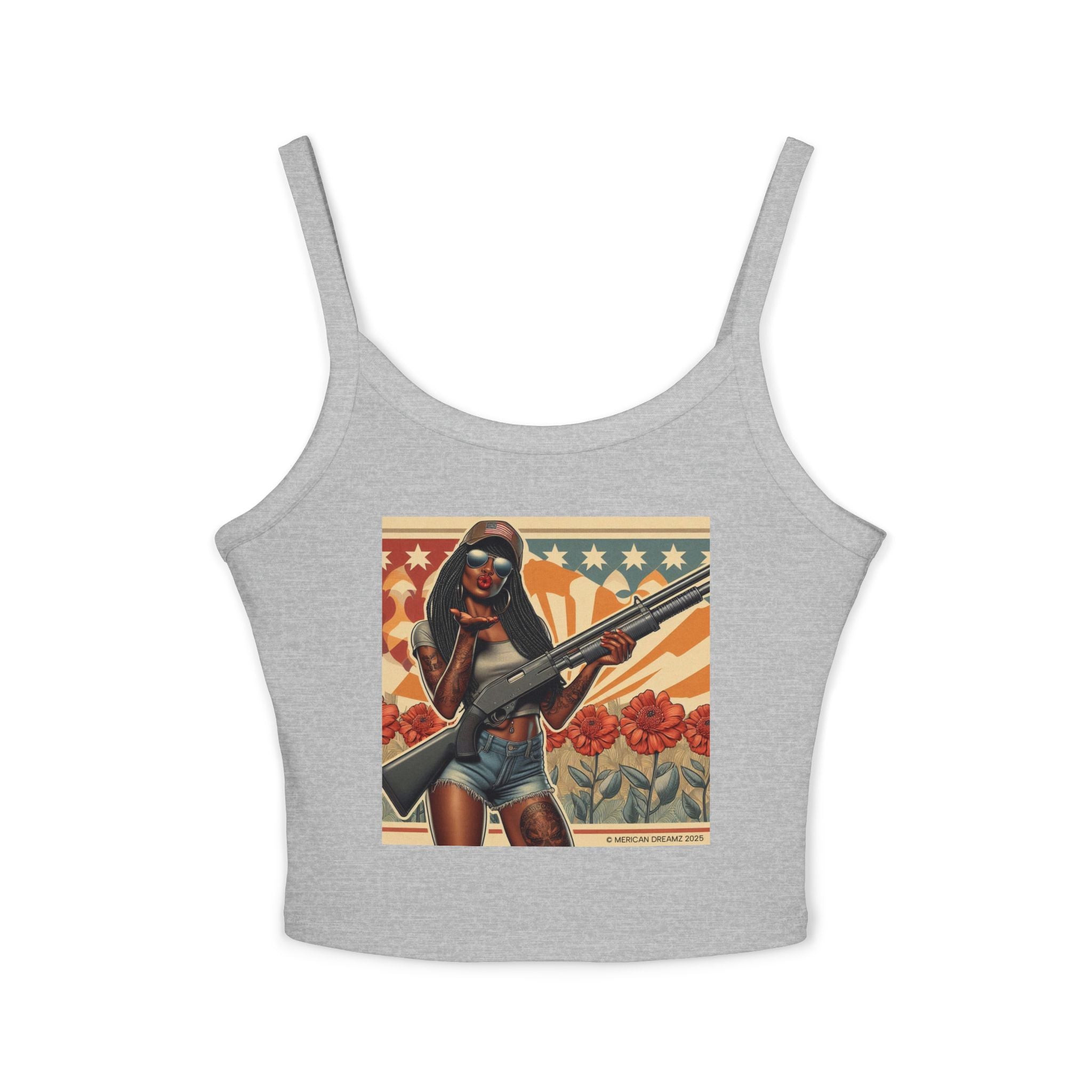 Retro Pinup Girl Tank Top — Vintage Flag & Floral Spaghetti Strap