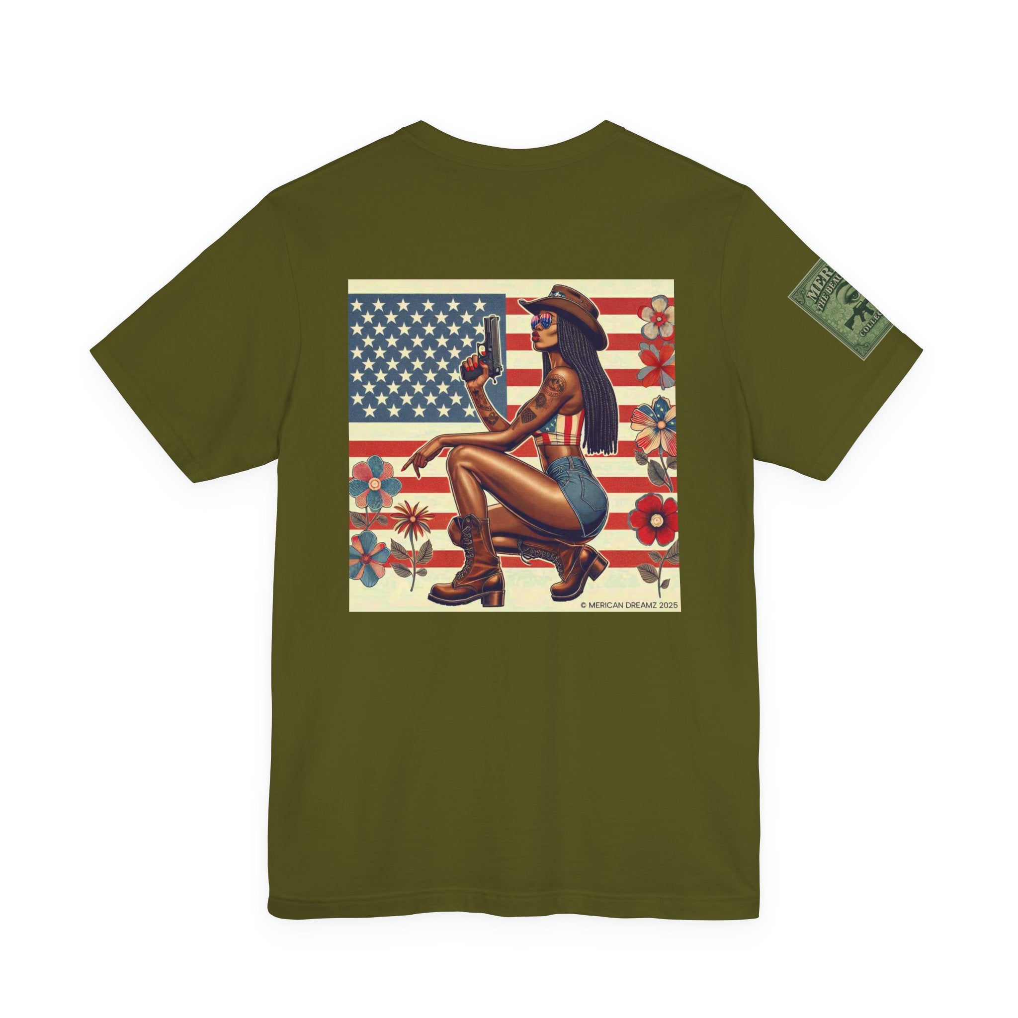 Graphic Short Sleeve Tee front and back — Retro Americana Pin-Up Cowgirls with 9mm Pistols