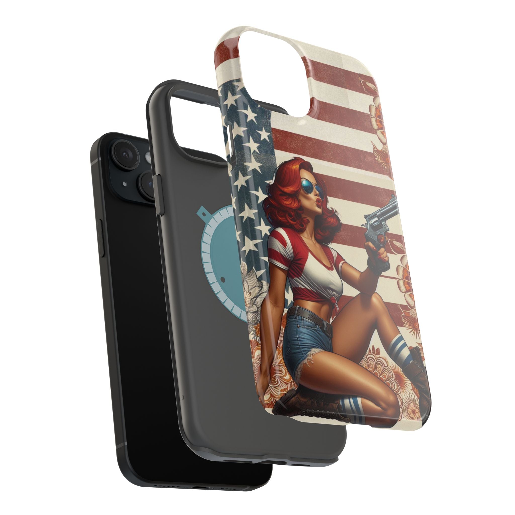 Americana .44 Magnum Pinup Girl - Magnetic Impact‑Resistant Phone Case  iPhone 13-17 / Samsung S26  MagSafe Compatible