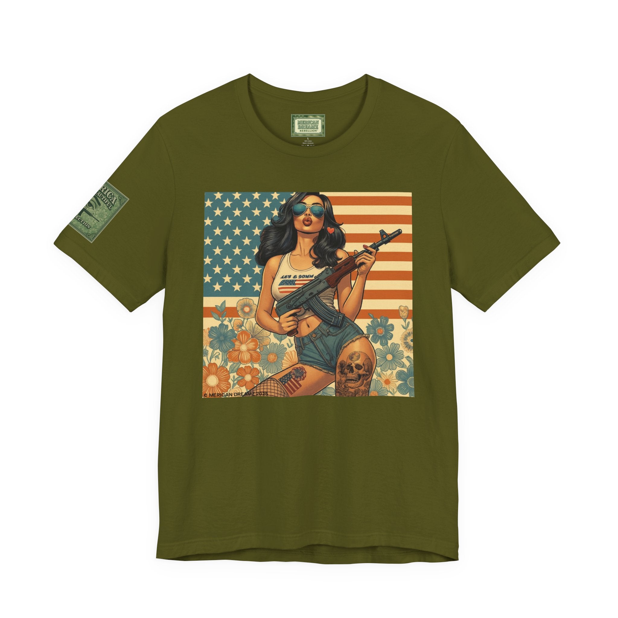 Graphic Short Sleeve Tee front and back — Retro Americana Pin-Up Girls with AK-47 Rifles