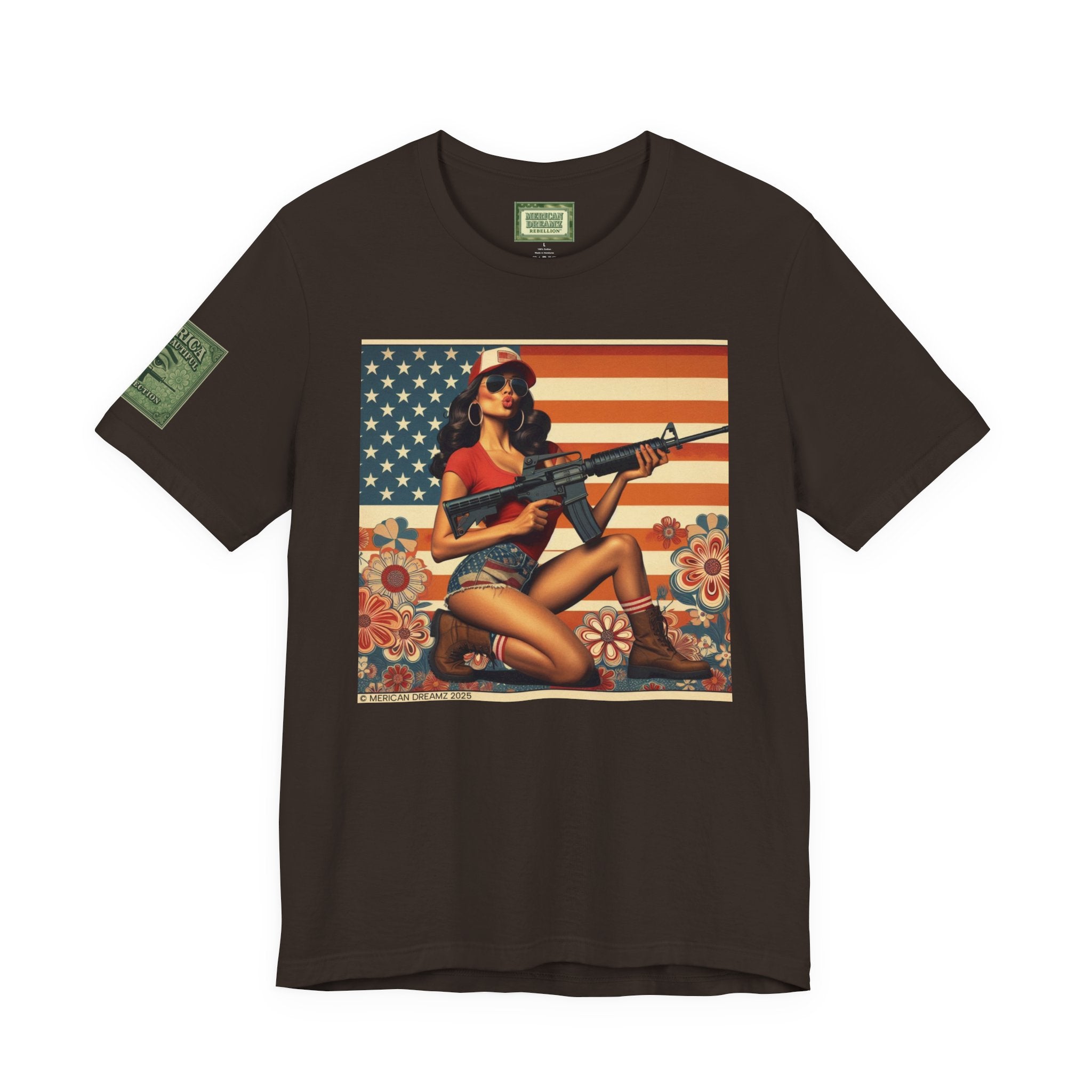 Graphic Short Sleeve Tee front and back — Retro Americana Pin-Up Girls with AR-15 Rifles