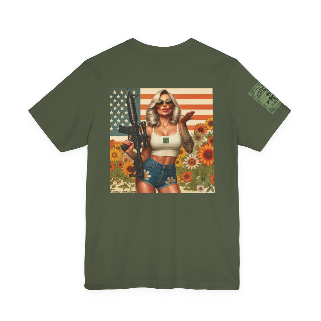Graphic Short Sleeve Tee front and back — Retro Americana Pin-Up Girls with AR-15 Rifles