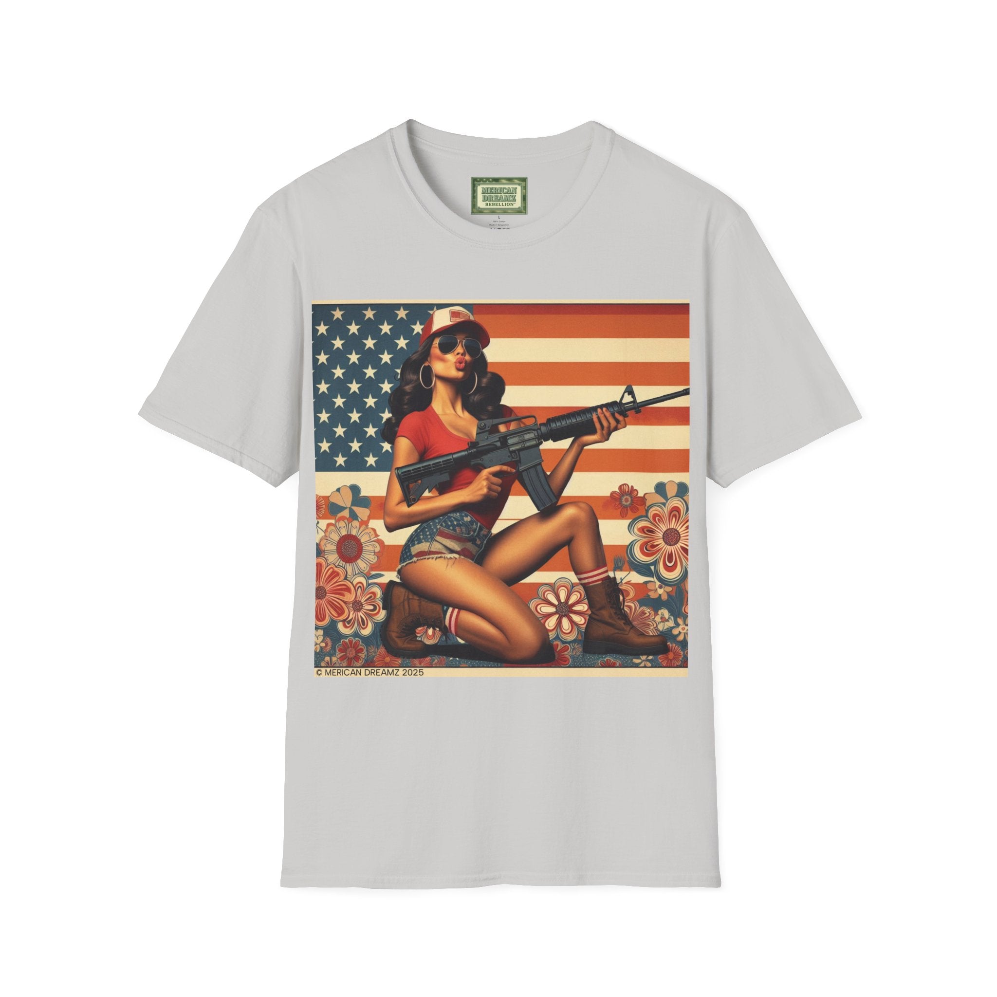 Graphic T-Shirt — Patriotic Pinup Girl with Rifle Vintage Flag Design (US Only)