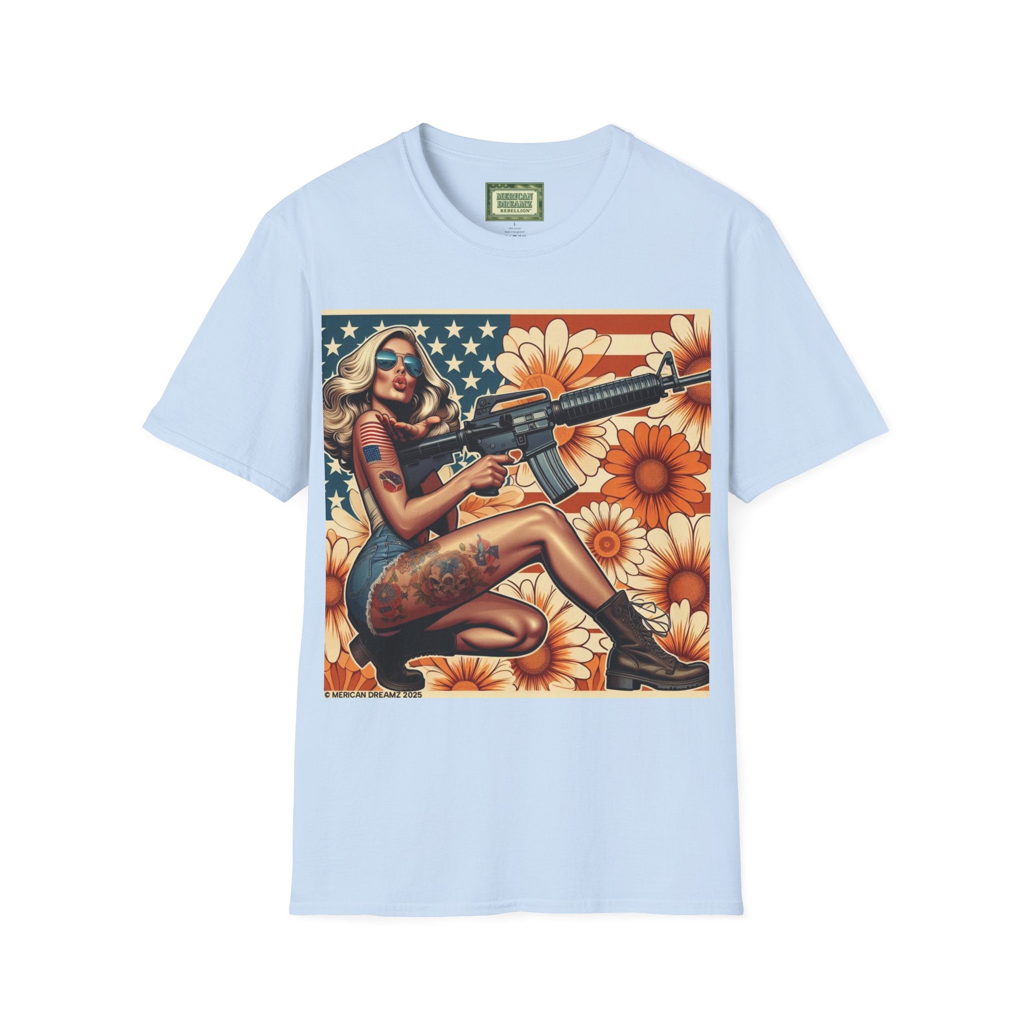 Graphic T-Shirt — Patriotic Pinup Girl with Rifle Vintage Flag Design (US Only)
