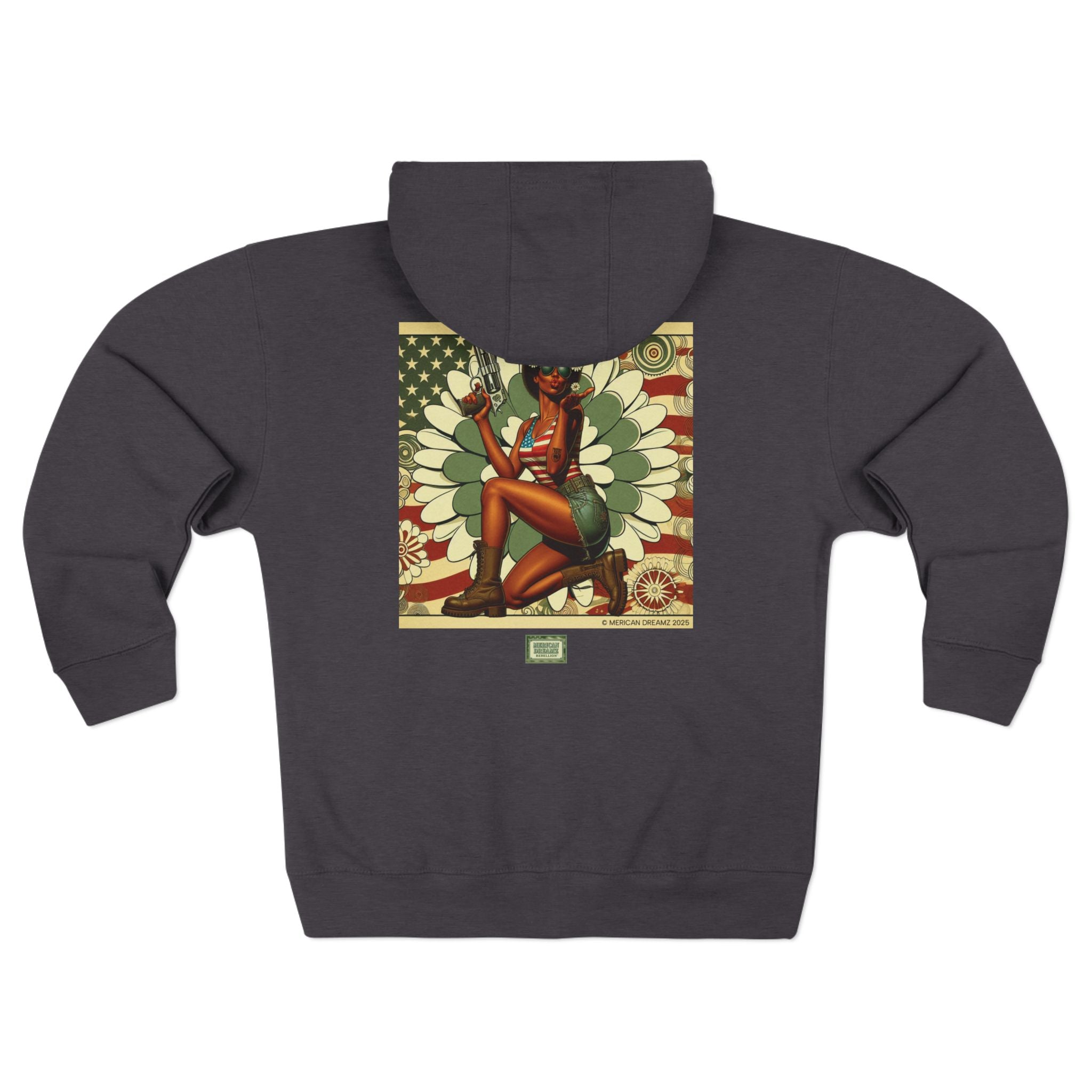 Americana Pinup Cowgirl with 44 Magnum Zip Hoodie — Retro Vintage Patriotic Graphic