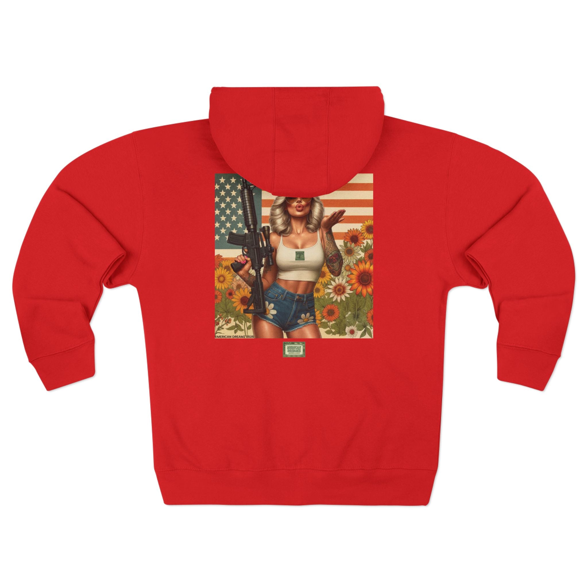 Americana Pinup girl with AR-15 Zip Hoodie — Retro Vintage Patriotic Graphic