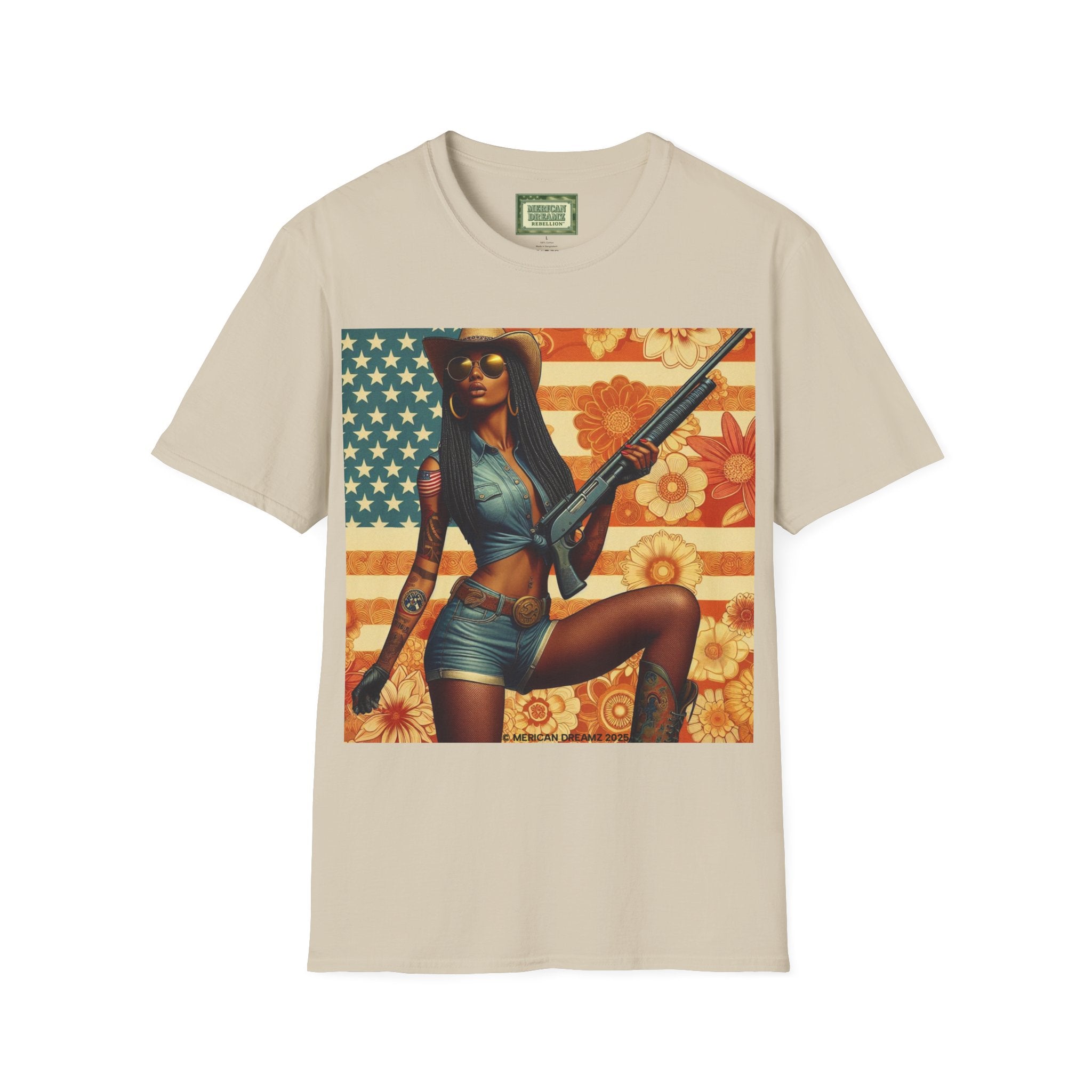 Pin-Up Americana T-Shirt — Retro Floral Gun Cowgirl Vintage Style (US Only)